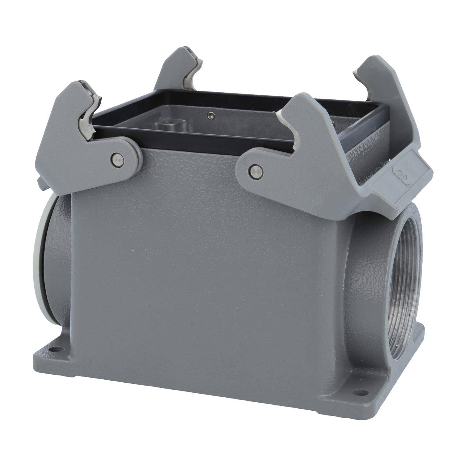 Ein grau-industrielles Metallgehäuse mit doppelten oberen Verschlüssen, konzipiert für den Schutz und die Installation von elektronischen oder mechanischen Komponenten.