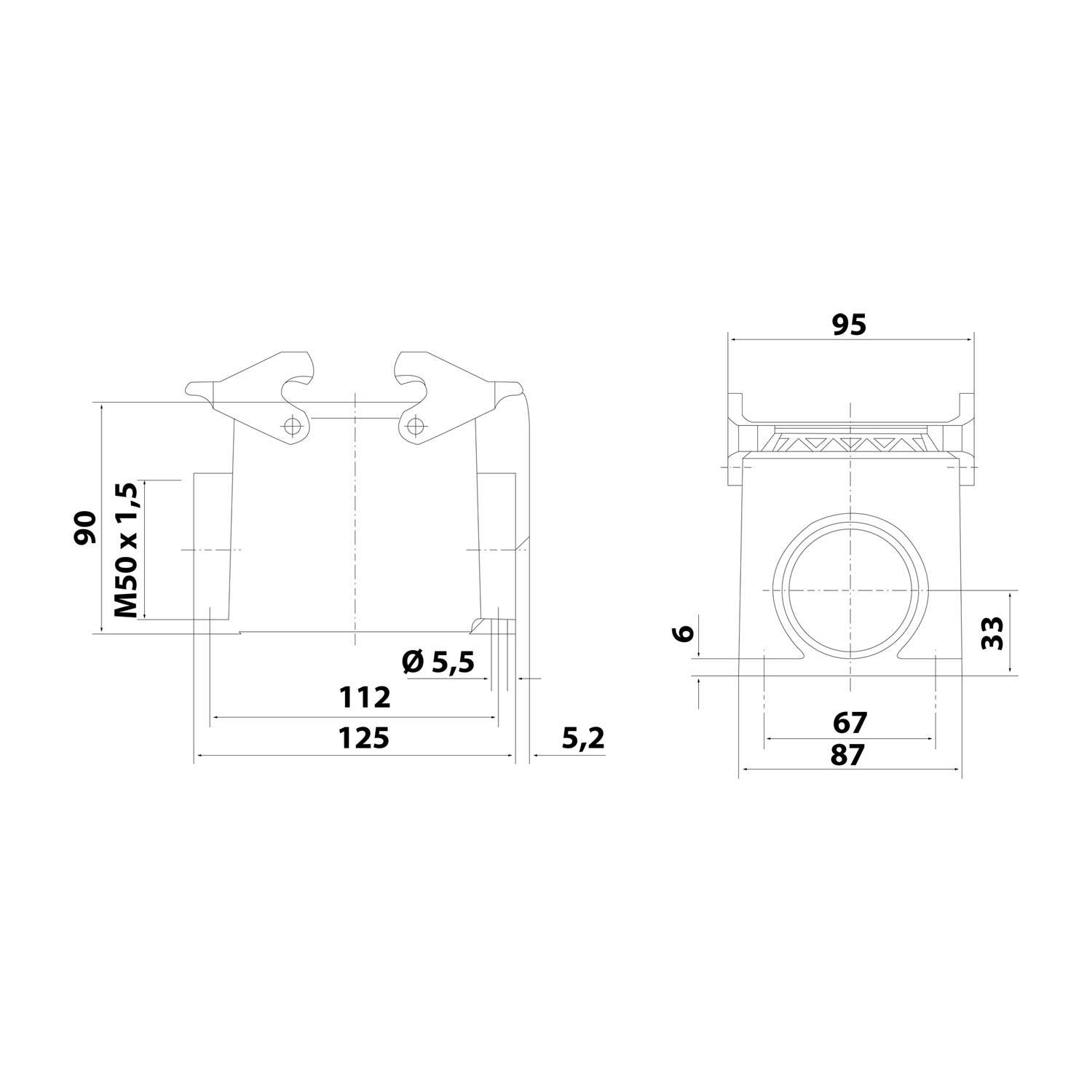 05300320266 HARTING Han 32B Sockelgehäuse hoch, 1xM50 seitlicher Kabelabgang, mit 2 Querbügeln Verschraubung M50