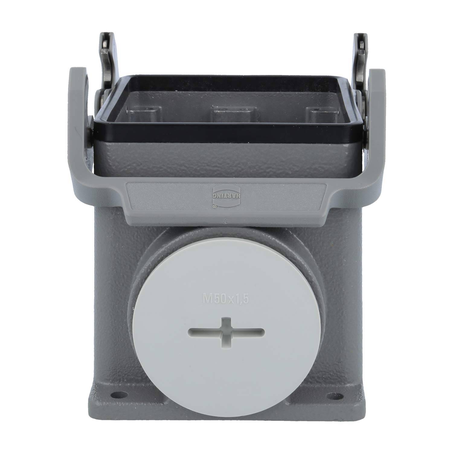 Ein grauer industrieller elektrischer Anschlussstecker mit einem geschlossenen kreisförmigen Deckel, der für eine sichere Verbindung konzipiert ist.