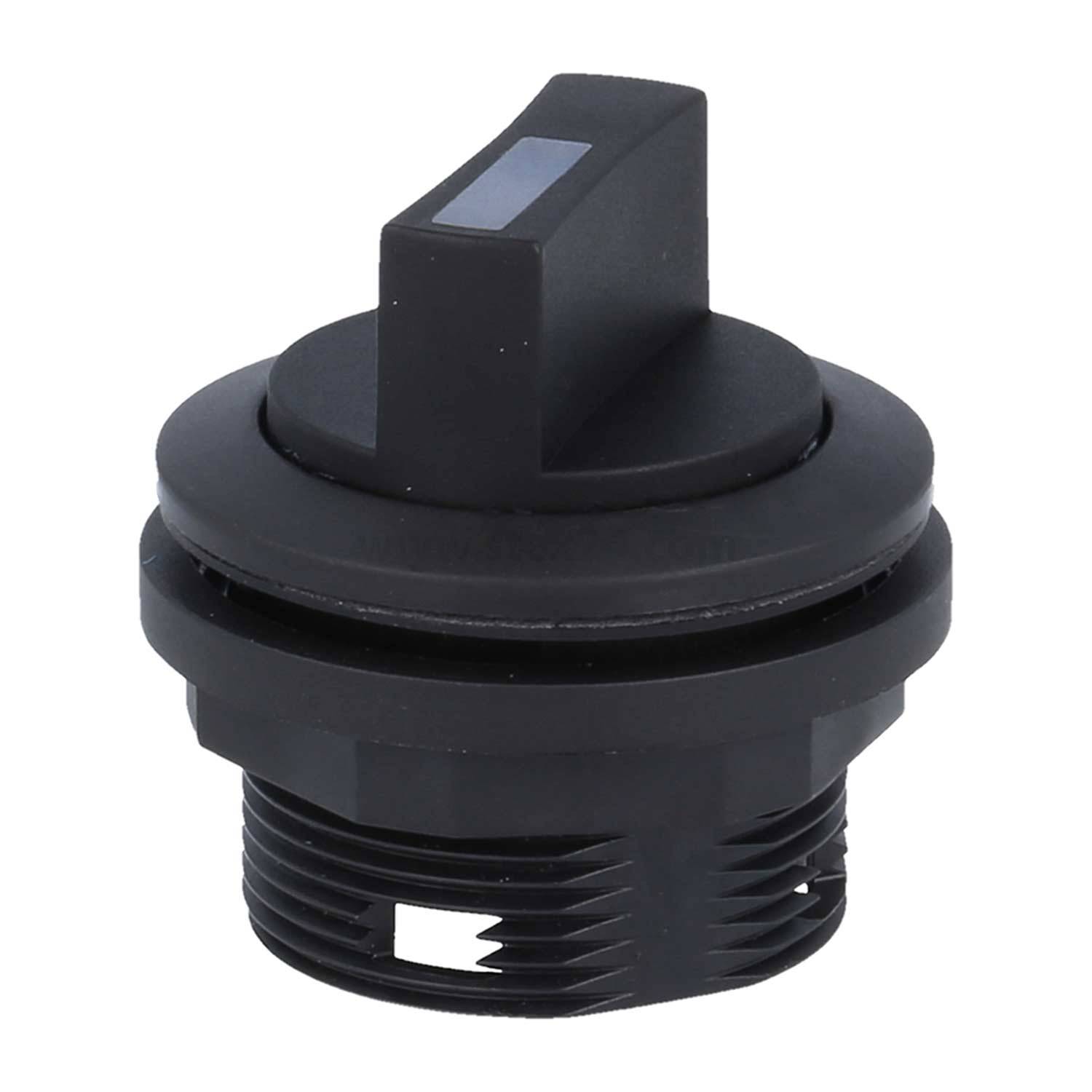 Ein runder schwarzer Plastikknopf mit einer erhabenen Indikatorlinie oben, der zum Steuern von Geräten oder Maschinen verwendet wird.