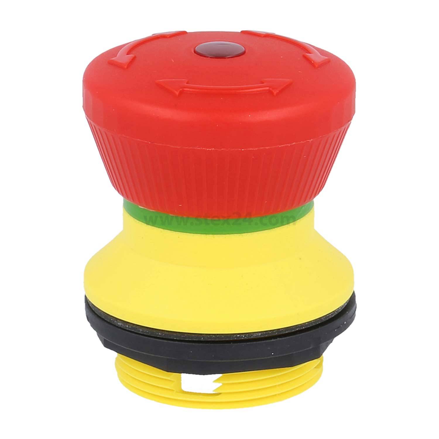 Ein roter Notaus-Knopf mit einer gelben Basis und einem schwarzen Montageteil, der für Sicherheitsabschaltungen an Maschinen und Geräten verwendet wird.
