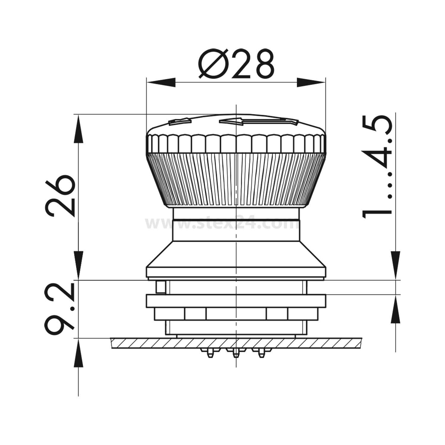 Technische Zeichnung einer Komponente mit Durchmesser am oberen Ende 28 mm, Höhe 26 mm und einer Basishöhe im Bereich von 1-4,5 mm. Beschriftete Abmessungen dargestellt.