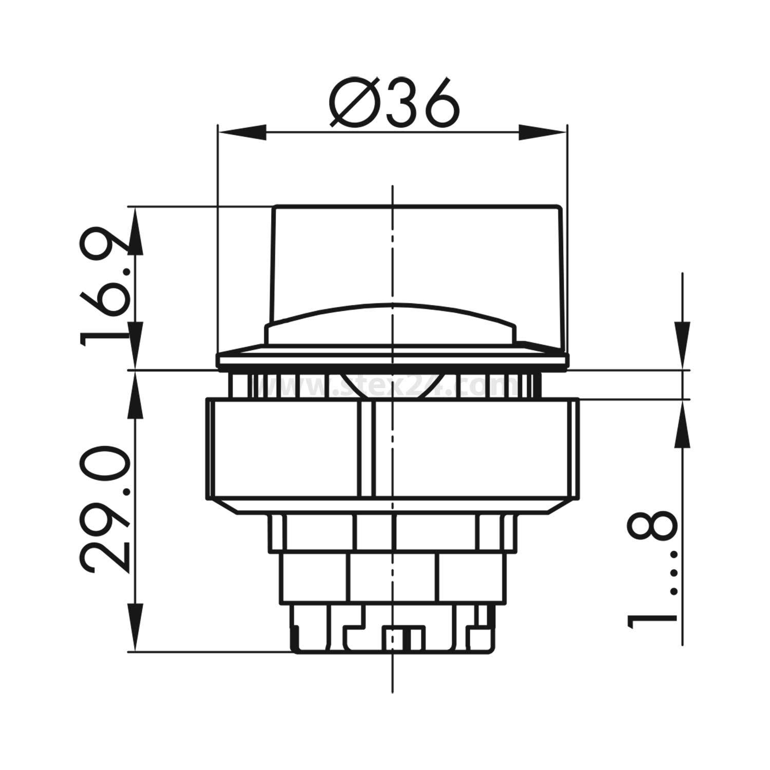 Die Abbildung ist eine technische Zeichnung eines Knopfes mit folgenden Abmessungen: 36 mm Durchmesser, 16,9 mm Höhe und 29 mm Tiefe, mit einer detaillierten Grundrisskontur.