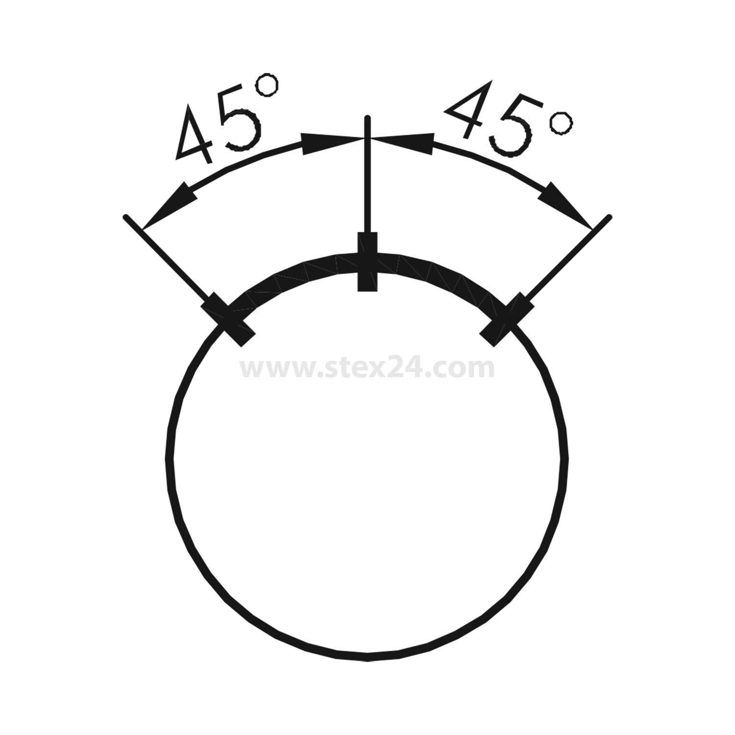 Diagramm, das einen Kreis mit zwei Linien zeigt, die von der Oberseite ausgehen, wobei jede Linie um 45 Grad von der Mittellinie abgewinkelt ist.