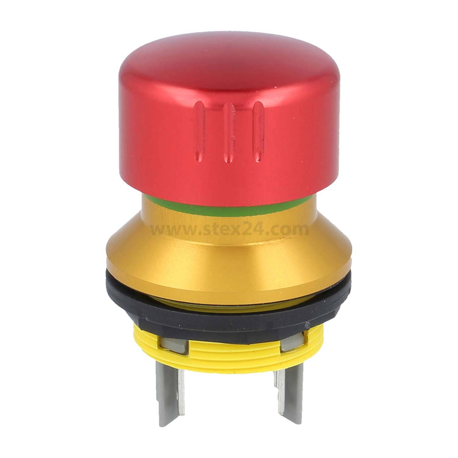 Roter Not-Aus-Knopf mit goldener Basis, drei Metallzacken und grünem Ring, der den Stromausfall anzeigt, zum sofortigen Anhalten der Maschine konzipiert.