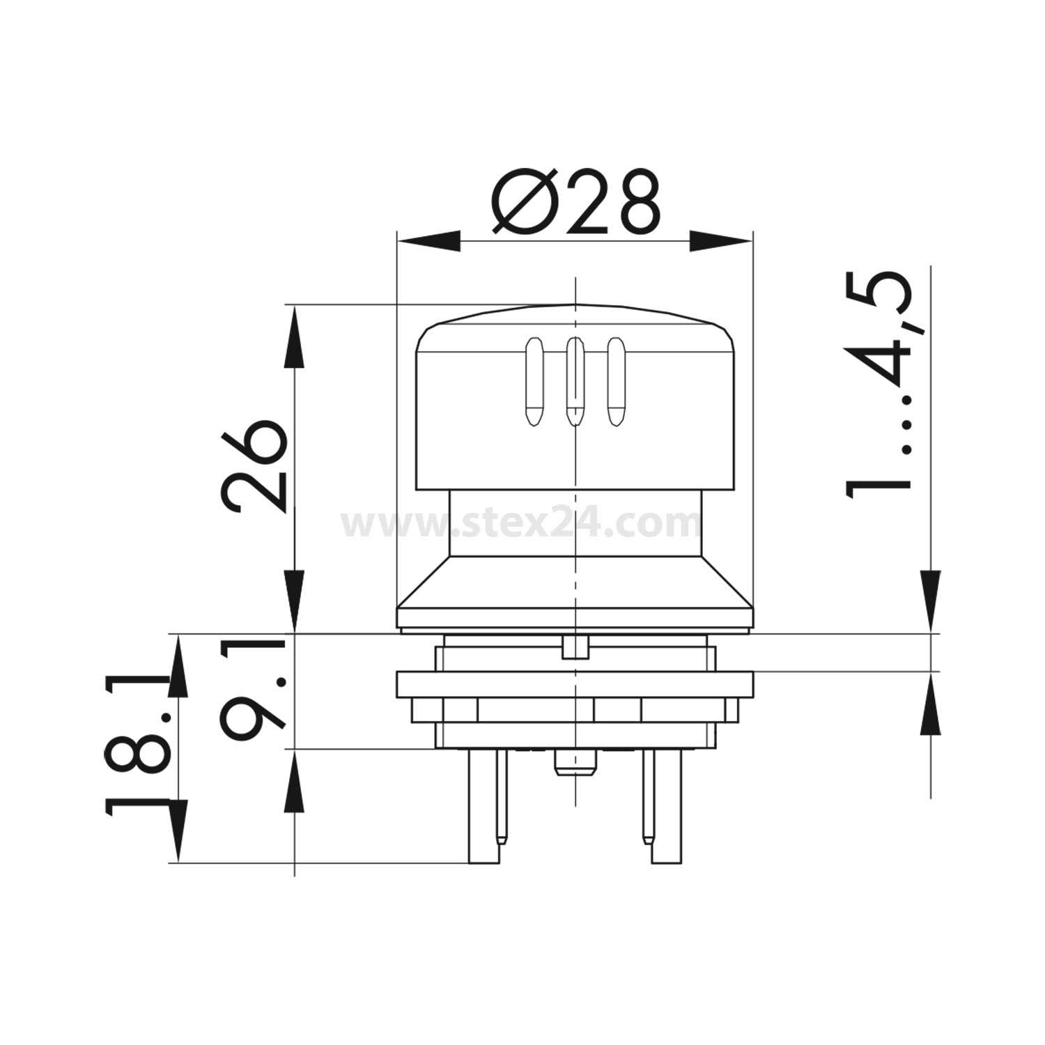 Eine technische Zeichnung einer Komponente mit Abmessungen: Breite 28 mm, Höhe 26 mm, Montagentiefe 18,1 mm und variabler Tiefe von 1 bis 4,5 mm.