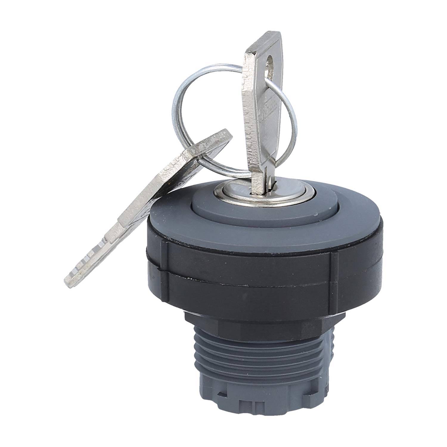 Ein Metallschlüssel wird in einen schwarzen Verschlussmechanismus eingeführt, begleitet von einem weiteren Schlüssel am selben Schlüsselring.