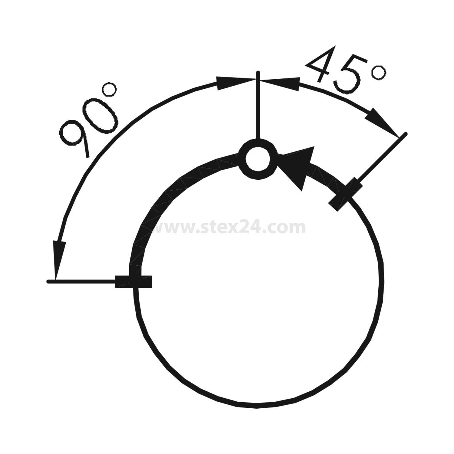 Ein Kreisdiagramm mit zwei Winkelmessungen: '90°' und '45°', gekennzeichnet mit Pfeilen und Linien, die von einem Mittelpunkt ausgehen.