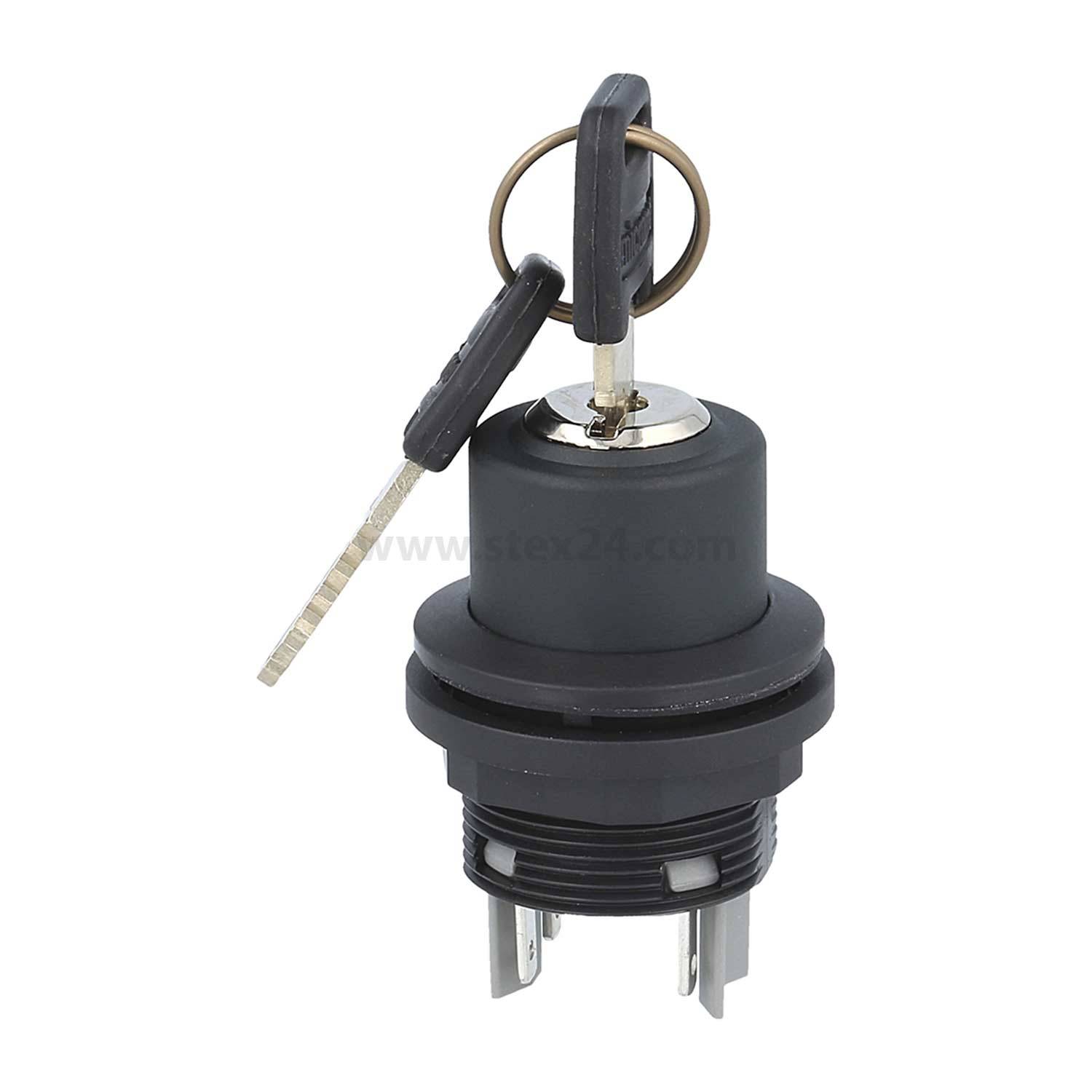 Ein schwarzer Drehschalter mit einem Satz angeschlossener Schlüssel, die oben eingesetzt sind und unten metallische Anschlüsse zeigen.