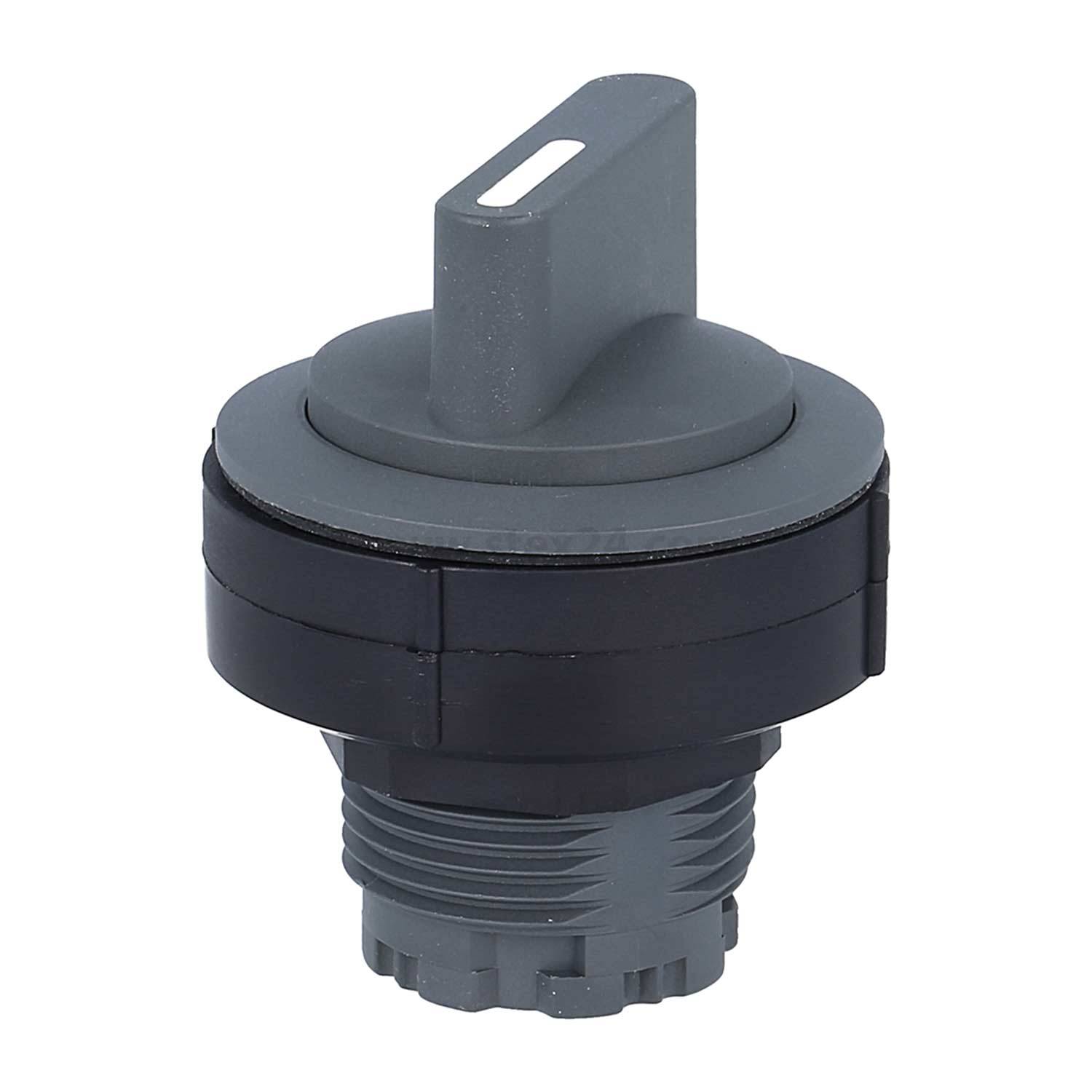 Industrieller Kippschalter, grau, mit schwarzer Basis, zylindrische Bauform, verwendet zur Steuerung von elektronischen Geräten oder Maschineneinstellungen.