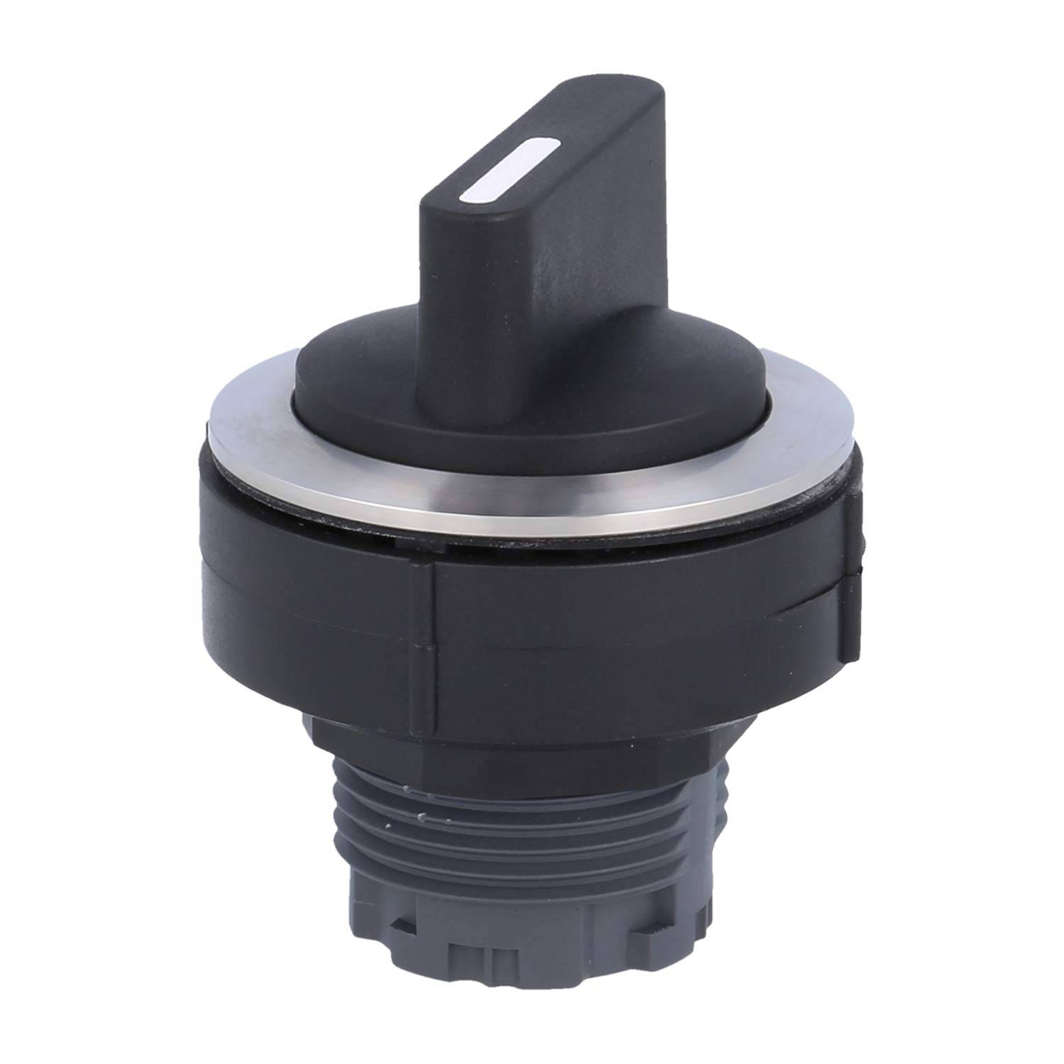 Ein schwarzer Drehschalter mit silberfarbenem Rand, der oben einen Hebelgriff aufweist und für Einbauinstallationen konzipiert ist.