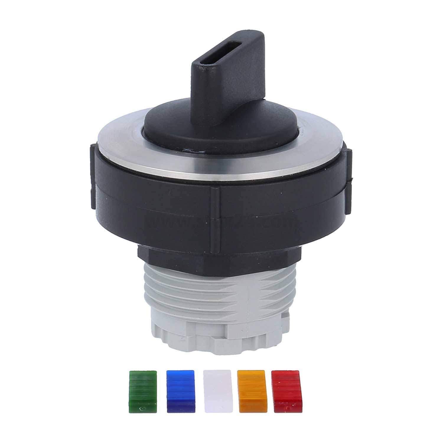Ein schwarzer Kippschalter mit einer kreisförmigen Basis, begleitet von fünf farbigen Kappen: grün, blau, weiß, gelb und orange.