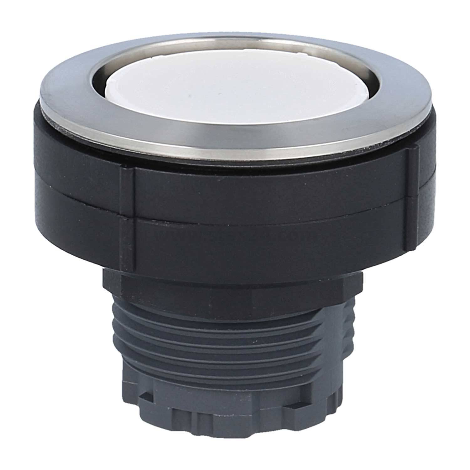 Ein schwarzer und silberner Drucktastenschalter mit weißer Oberseite, der für industrielle oder Kontrollpaneel-Anwendungen verwendet wird.