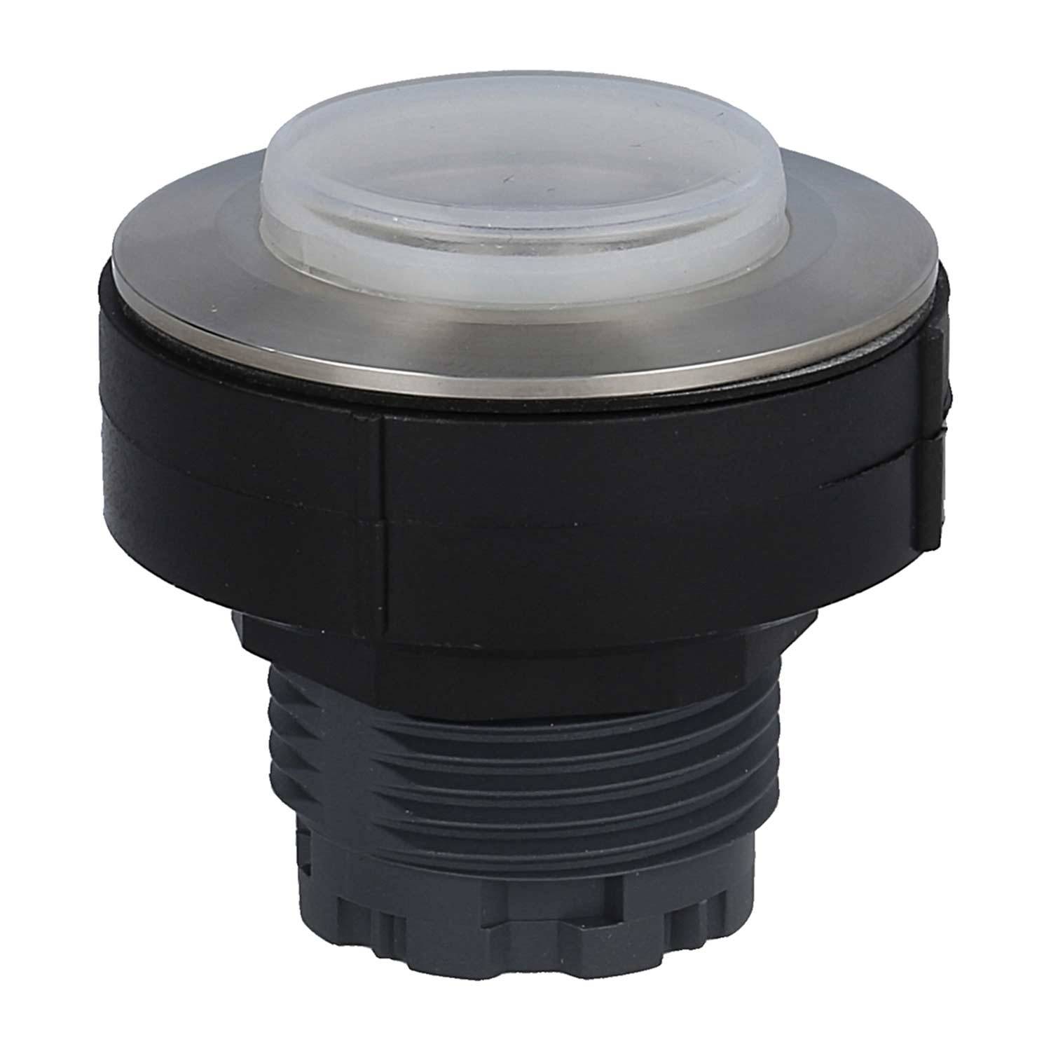 Ein runder Drucktaster in Schwarz und Silber mit einer transparenten Abdeckung, geeignet für industrielle oder elektronische Anwendungen.