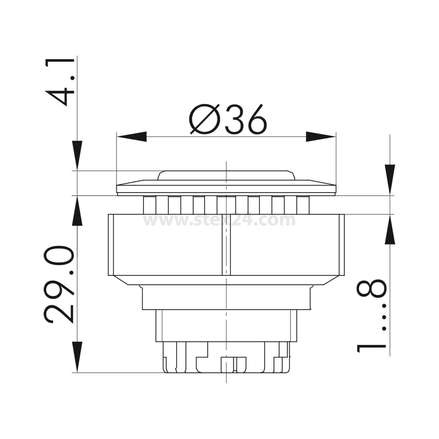 Technische Zeichnung einer zylindrischen Komponente mit Abmessungen: Durchmesser 36 mm, Höhe 4,1 mm, Gesamthöhe 29 mm und 1,8 mm Abschnitt.