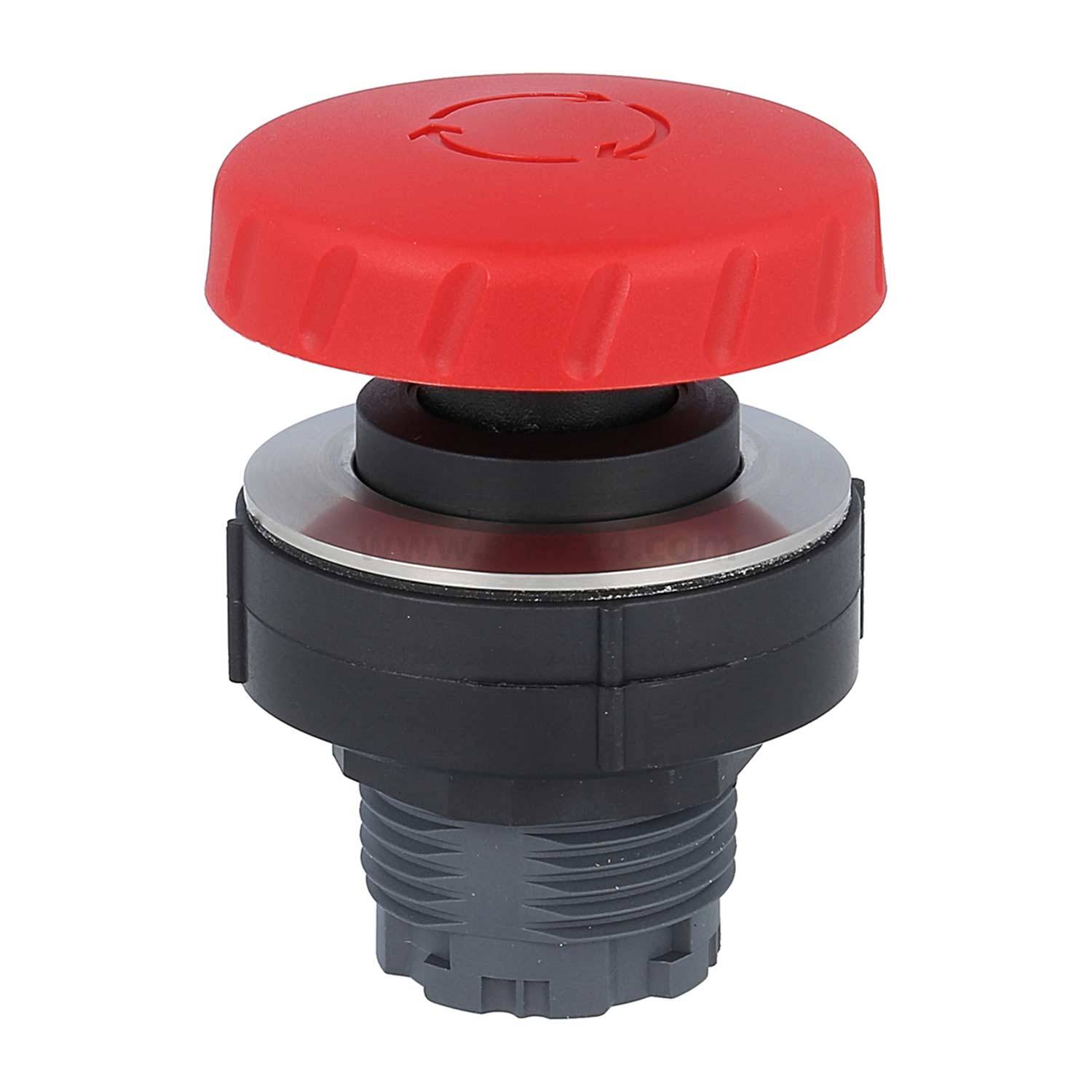 Roter Notaus-Taster mit kreisförmiger Gestaltung und schwarzer Grundfläche.