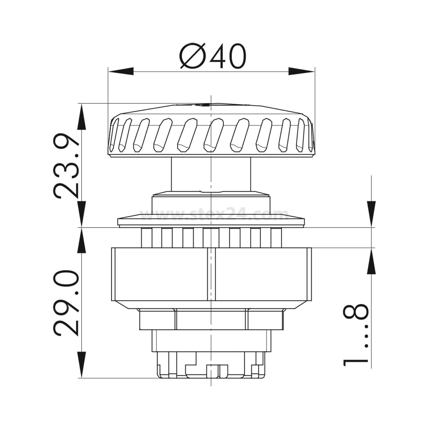 Technische Zeichnung eines Knopfes mit Maßangaben: Durchmesser 40 mm, Höhe 23,9 mm, Basishöhe 29 mm und eine Tiefe von 1,8 mm.