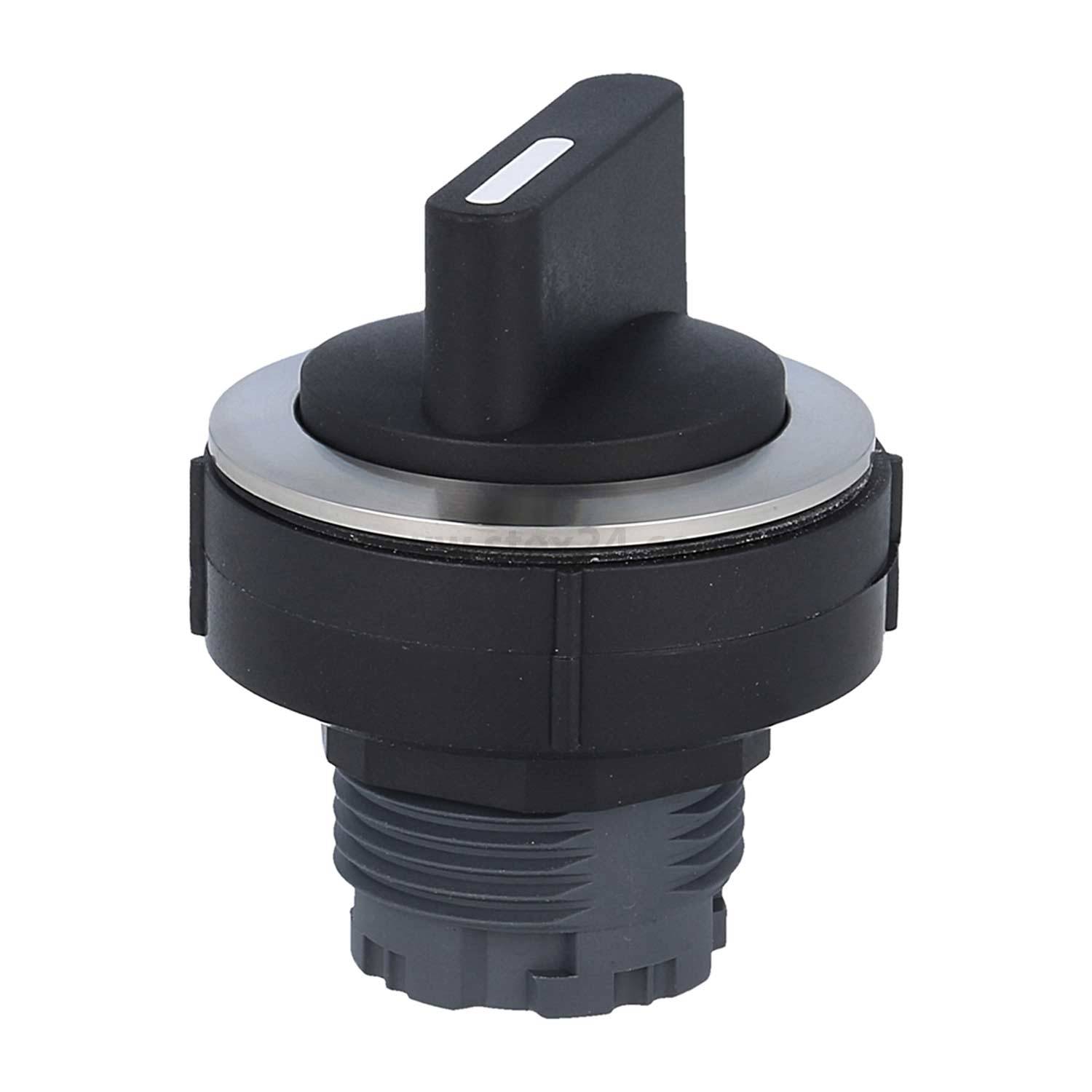 Ein schwarzer Drehschalter mit einer zylindrischen Basis und einem flachen, vertikalen Hebel, der zum Einbau auf Kontrollpanels oder elektronischen Geräten konzipiert ist.