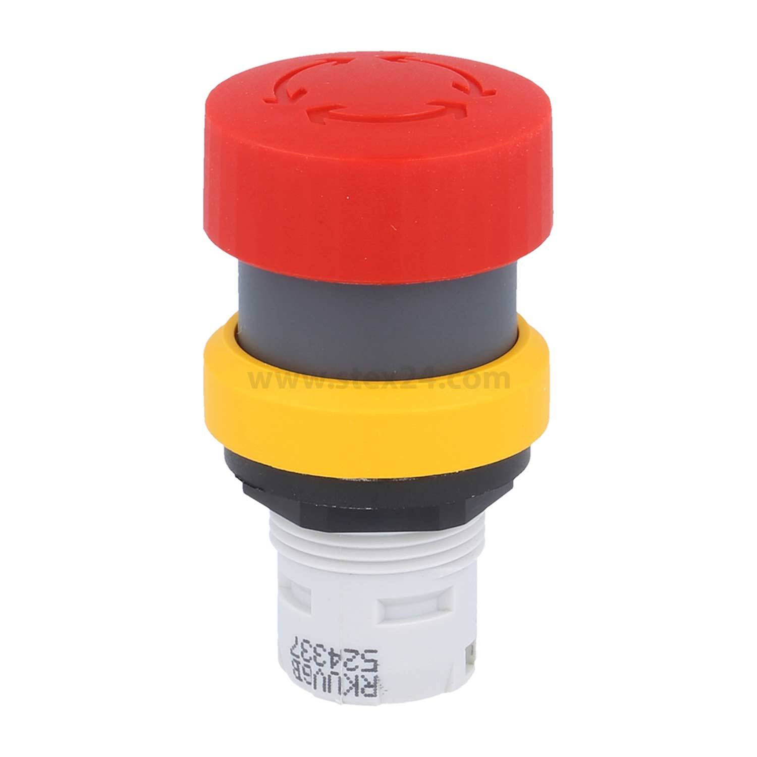 Roter Notaus-Schalter mit gelber Basis und schwarzem Gehäuse.