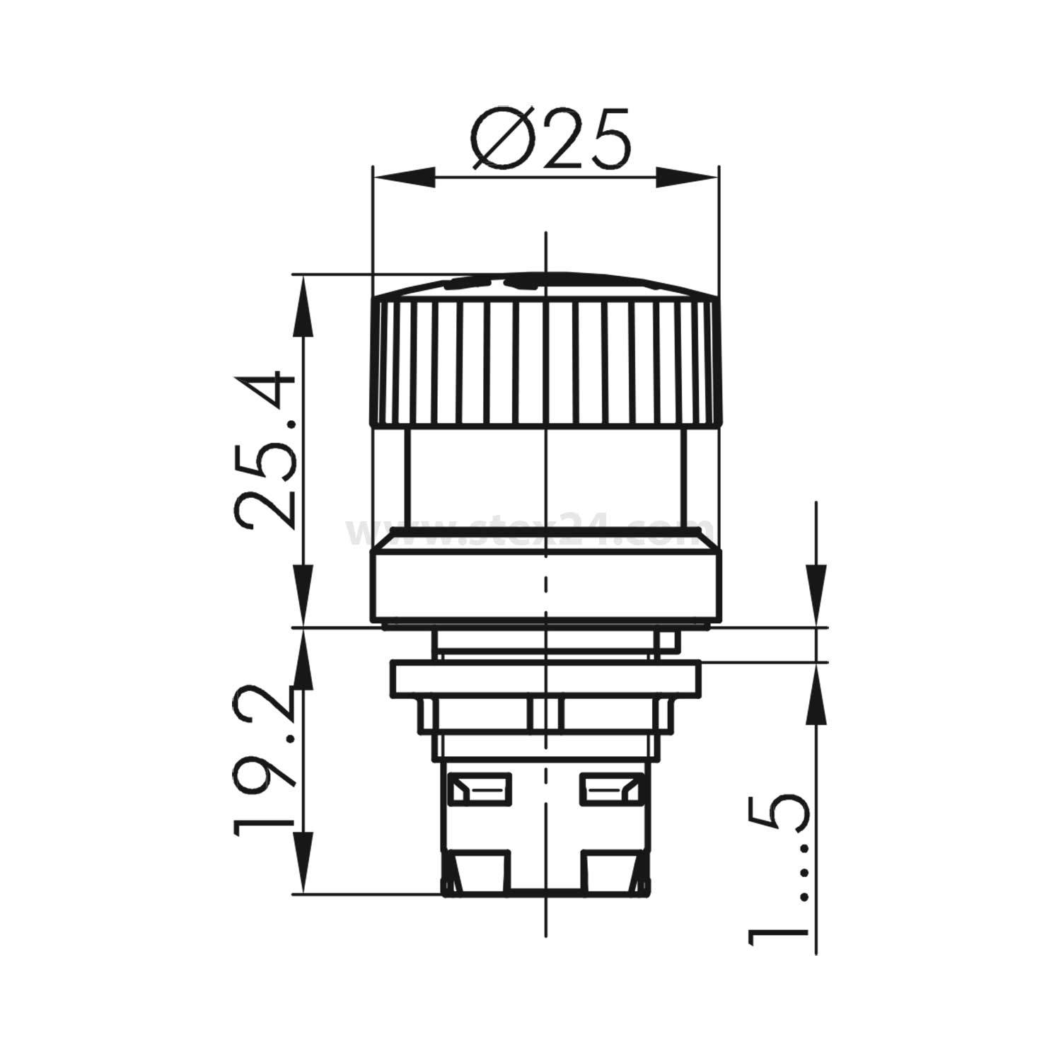 Eine technische Zeichnung, die die Abmessungen eines kreisrunden Druckknopfs mit einem Durchmesser von 25 mm und Höhenspezifikationen von 25,4 mm zeigt.