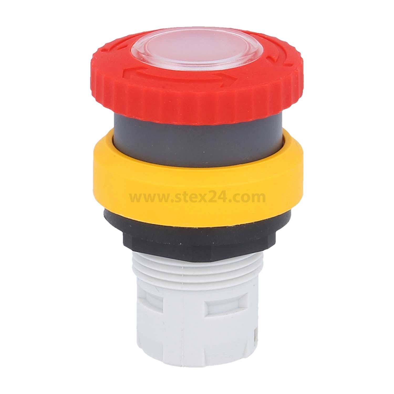 Eine große rote und gelbe Notaus-Taste, die üblicherweise in Maschinen verwendet wird, um Betriebsabläufe aus Sicherheitsgründen sofort zu stoppen.