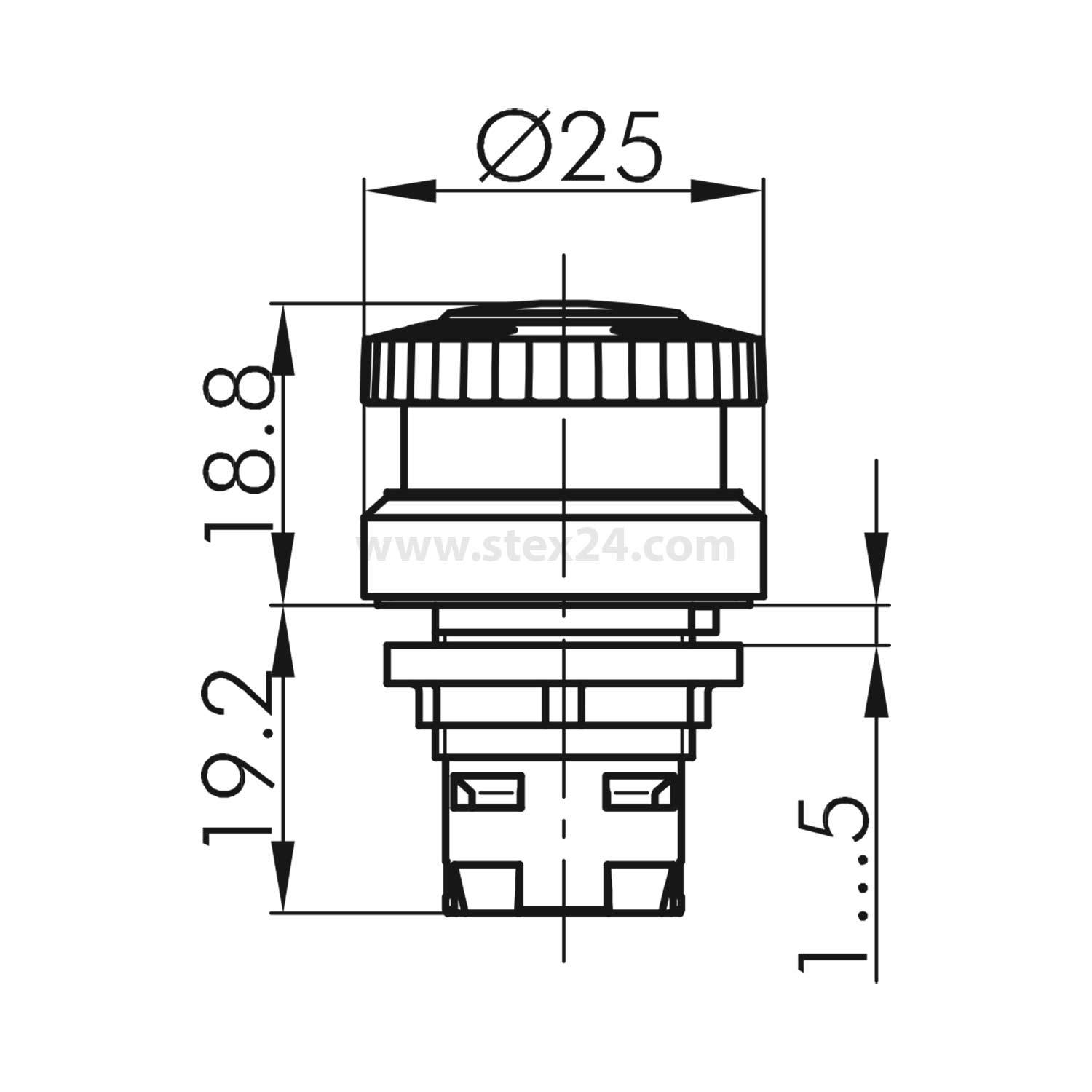 Diagramm eines mechanischen Tastenschalters mit markierten Abmessungen: Durchmesser 25 mm, Höhensegmente 18,8 mm, 19,2 mm, 1,5 mm.