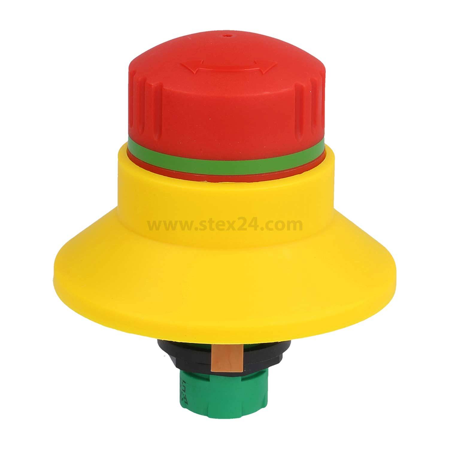 Eine rote Not-Aus-Taste mit gelber Basis und grünen Komponenten, die zur Sicherheit an Maschinen verwendet wird, um Betriebsabläufe schnell zu stoppen.