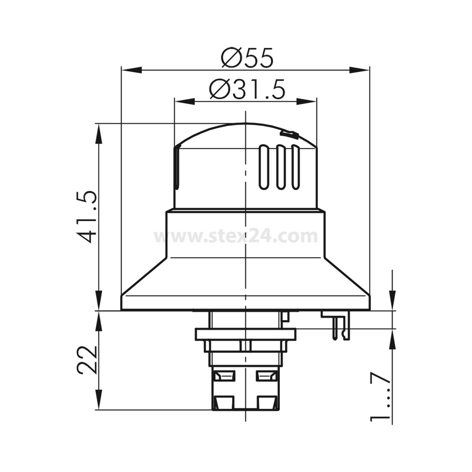 Technische Zeichnung einer Leuchte mit Maßangaben: Durchmesser 55 mm, Innendurchmesser 31,5 mm, Höhe 41,5 mm, Sockel 22 mm, Tiefe 1,7 mm.