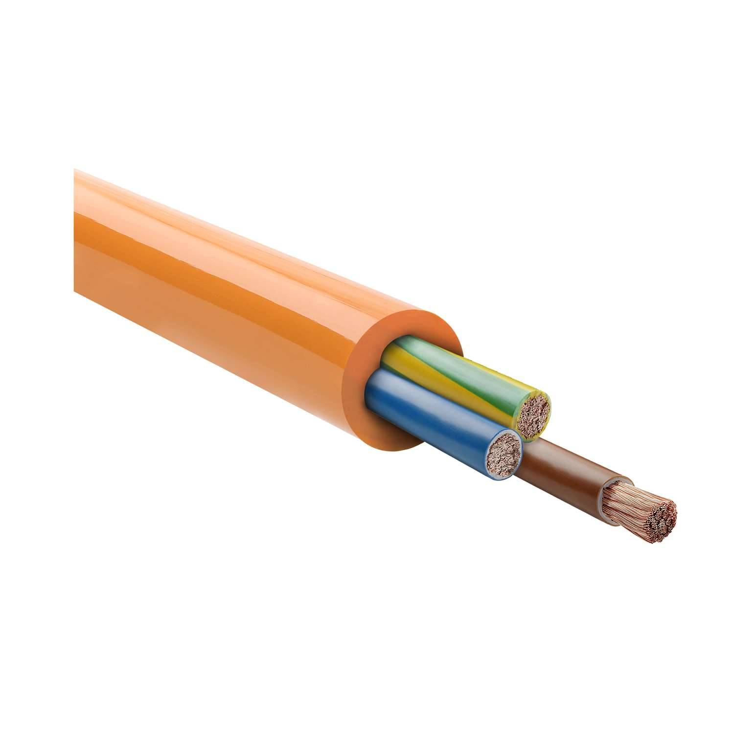 Ein Elektrokabel mit einer orangefarbenen Außenhülle zeigt drei farbige Adern: blau, gelb-grün und braun, die an einem Ende teilweise freilegt sind.