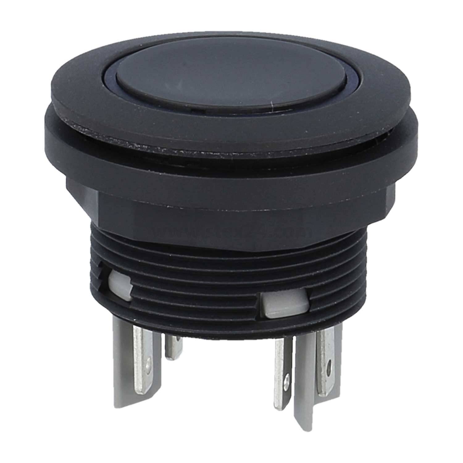 Ein schwarzer Drucktaster mit einer runden Kappe und drei Metallkontakten, der zur Steuerung elektrischer Schaltkreise verwendet wird.