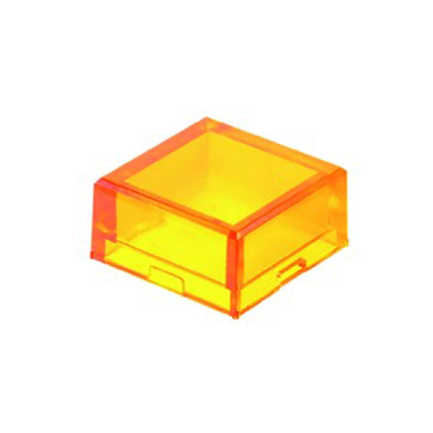Eine kleine, durchscheinende orangefarbene Box mit einem flachen Deckel, die zum Aufbewahren oder Ausstellen konzipiert ist.