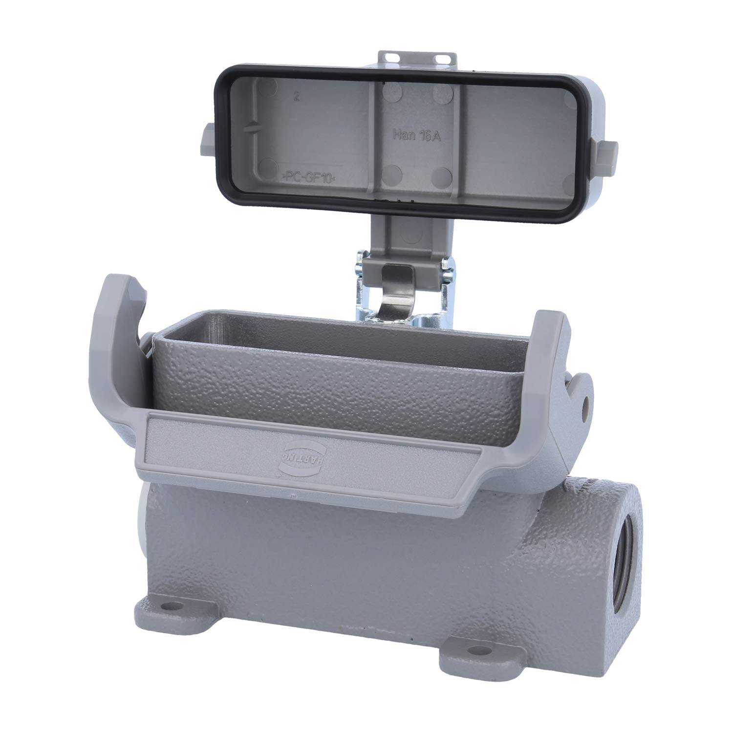 Rechteckiges Metallgehäuse für elektrische Anwendungen mit offenem Deckel, das den Innenraum und seitliche Leitungseintrittsöffnungen zeigt, verwendet zum Schutz von elektrischen Verbindungen.