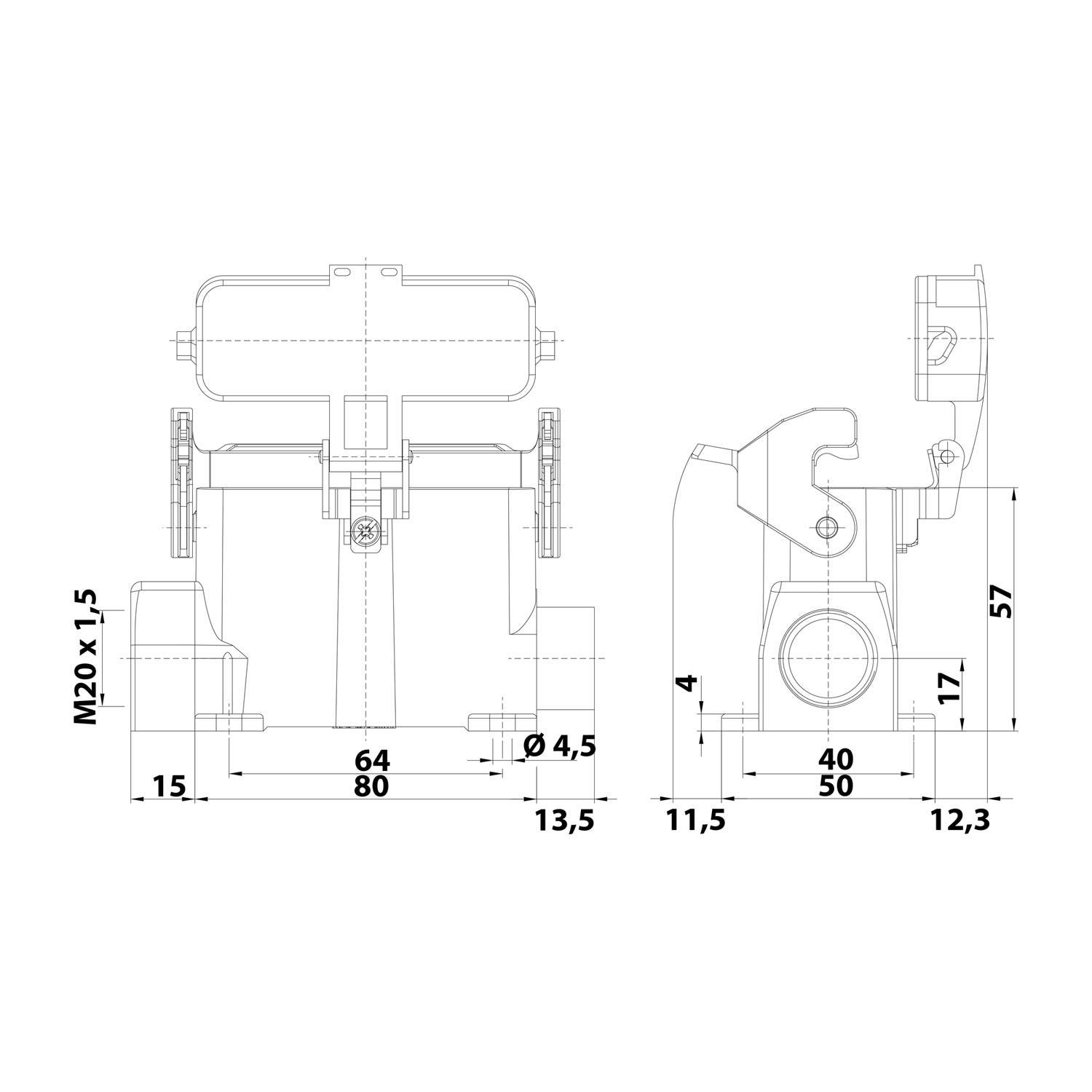 05200160263 HARTING Han 16A Sockelgehäuse hoch, 1xM20 seitlicher Kabelabgang, mit 1 Längsbügel mit Schutzkappe