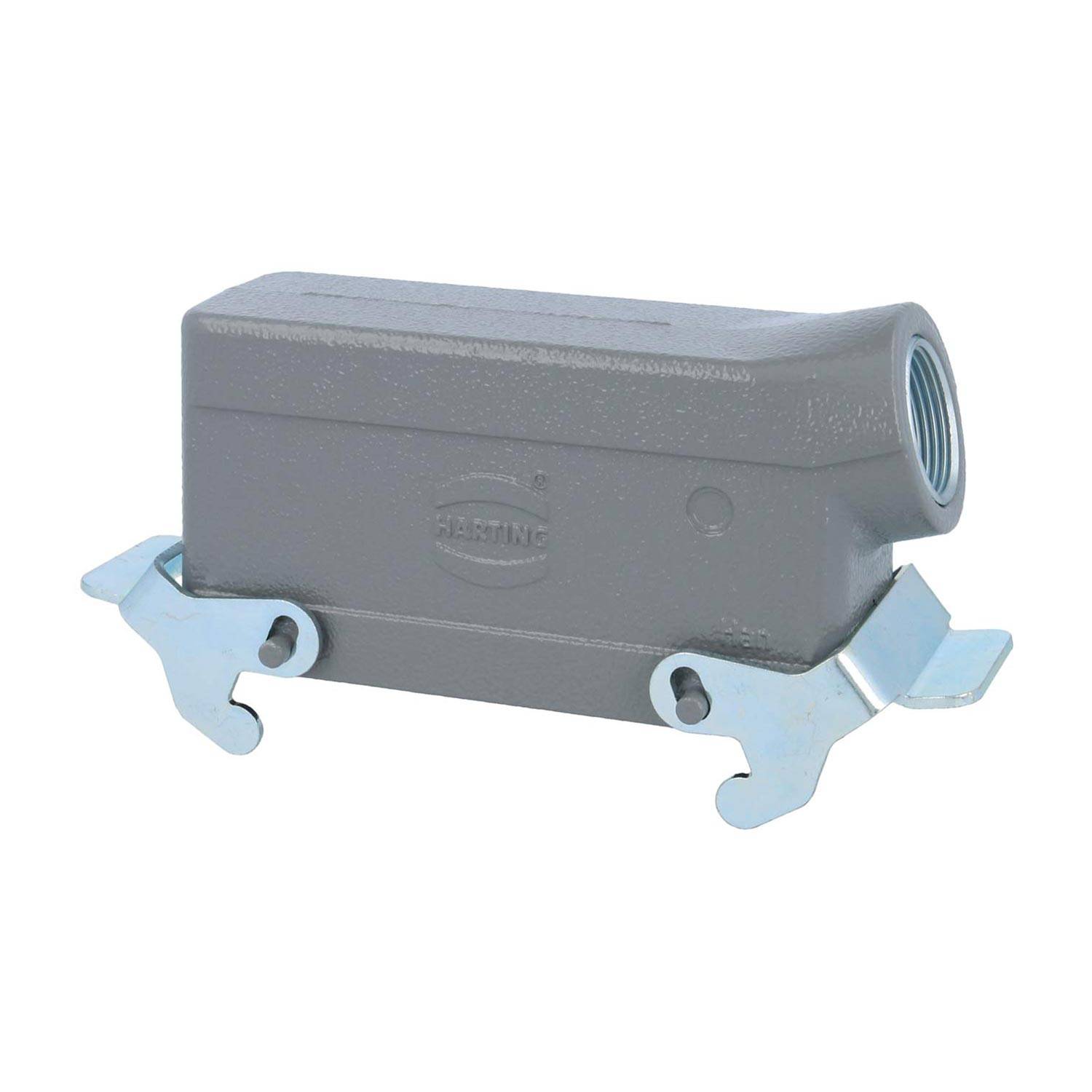 Ein grauer HARTING Industrieverbinder-Gehäuse mit Metallmontagehalterungen ist zu sehen, der eine verschraubte Öffnung für den Kabeleintritt aufweist.