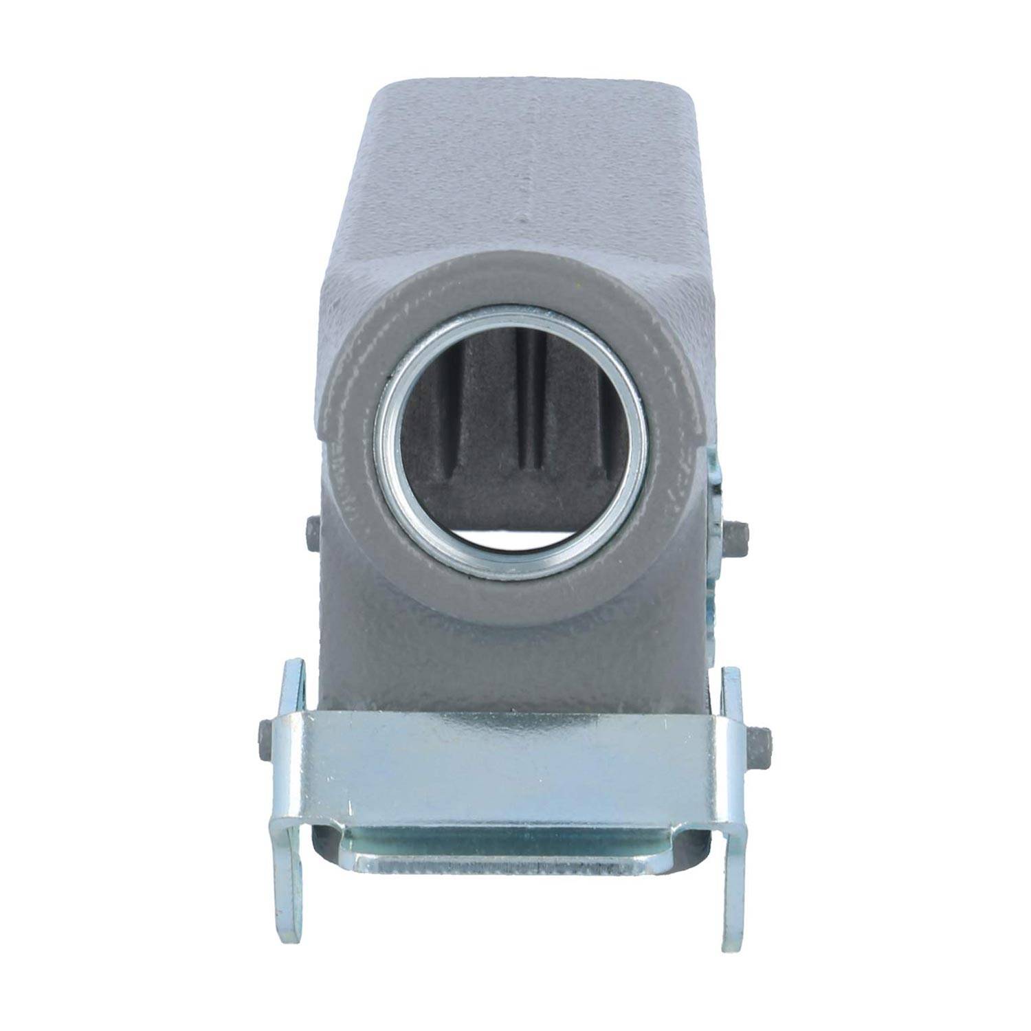 Metallische elektrische Leitungskasten-Verschraubung mit einer abgerundeten Öffnung in der Mitte, konstruiert für sichere Befestigung an Oberflächen mittels einer Montageklammer.