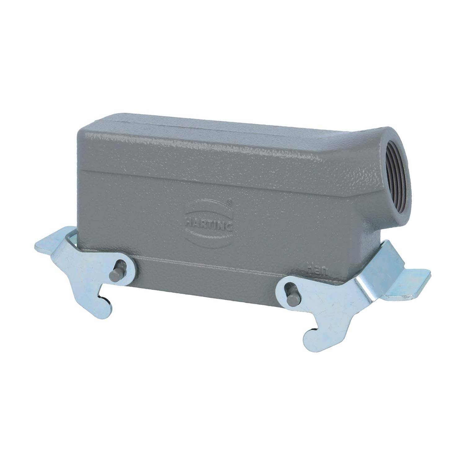 Ein grauer HOFFMAN-Industrieverteilerkasten mit metallischen Montagebeschlägen, entwickelt zum Schutz und zur Führung elektrischer Kabel.