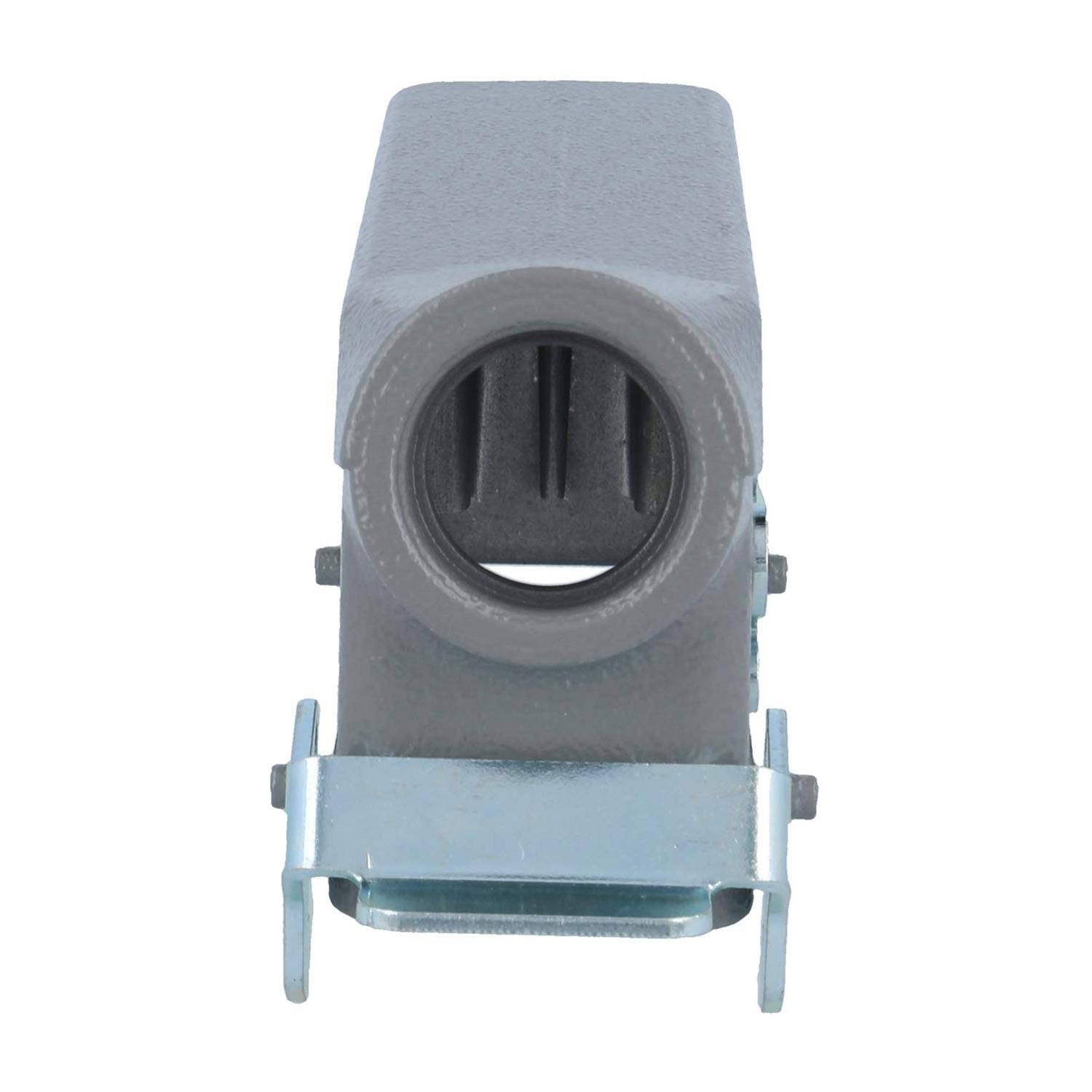 Eine graue Industriehalterung mit einer runden Öffnung, montiert auf einer silbernen Metallbasis, die zur mechanischen Abstützung oder Ausrichtung verwendet wird.