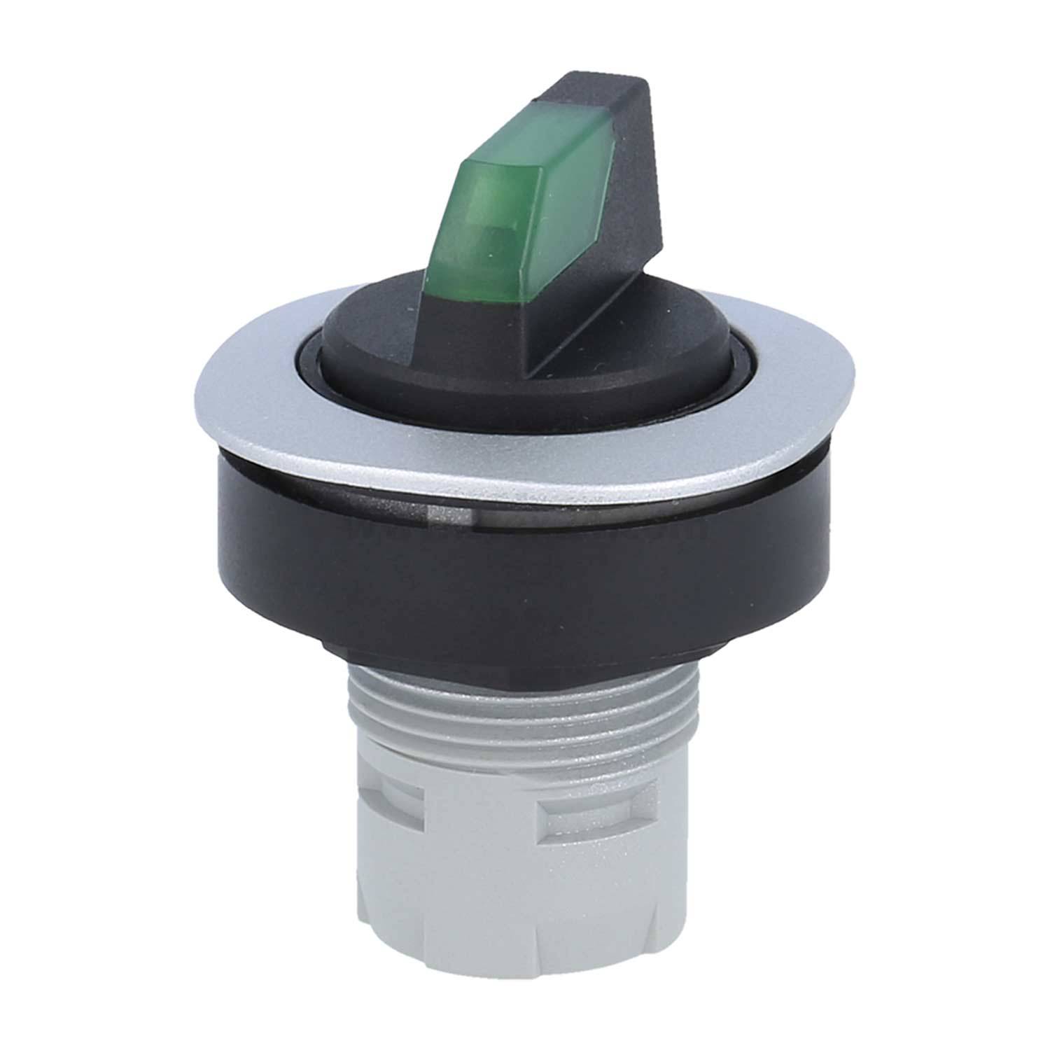 Ein schwarz-grauer Kippschalter mit einem grünen Anzeigelicht oben, montiert auf einer kreisförmigen Basis.