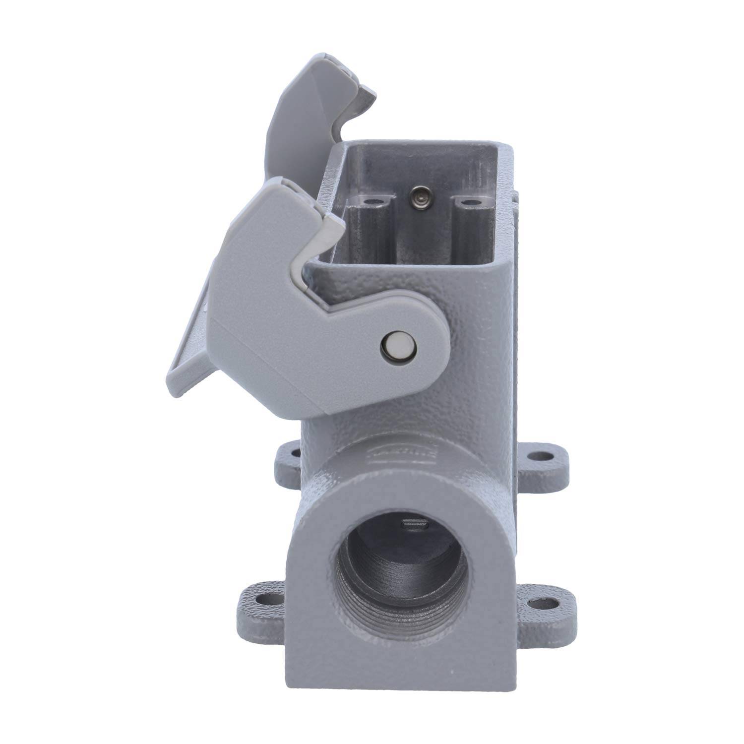 Rechteckiges graues Metallsteckverbindergehäuse mit zwei Befestigungslöchern und einem klappbaren Schutzdeckel, ausgelegt für industrielle Anwendungen.