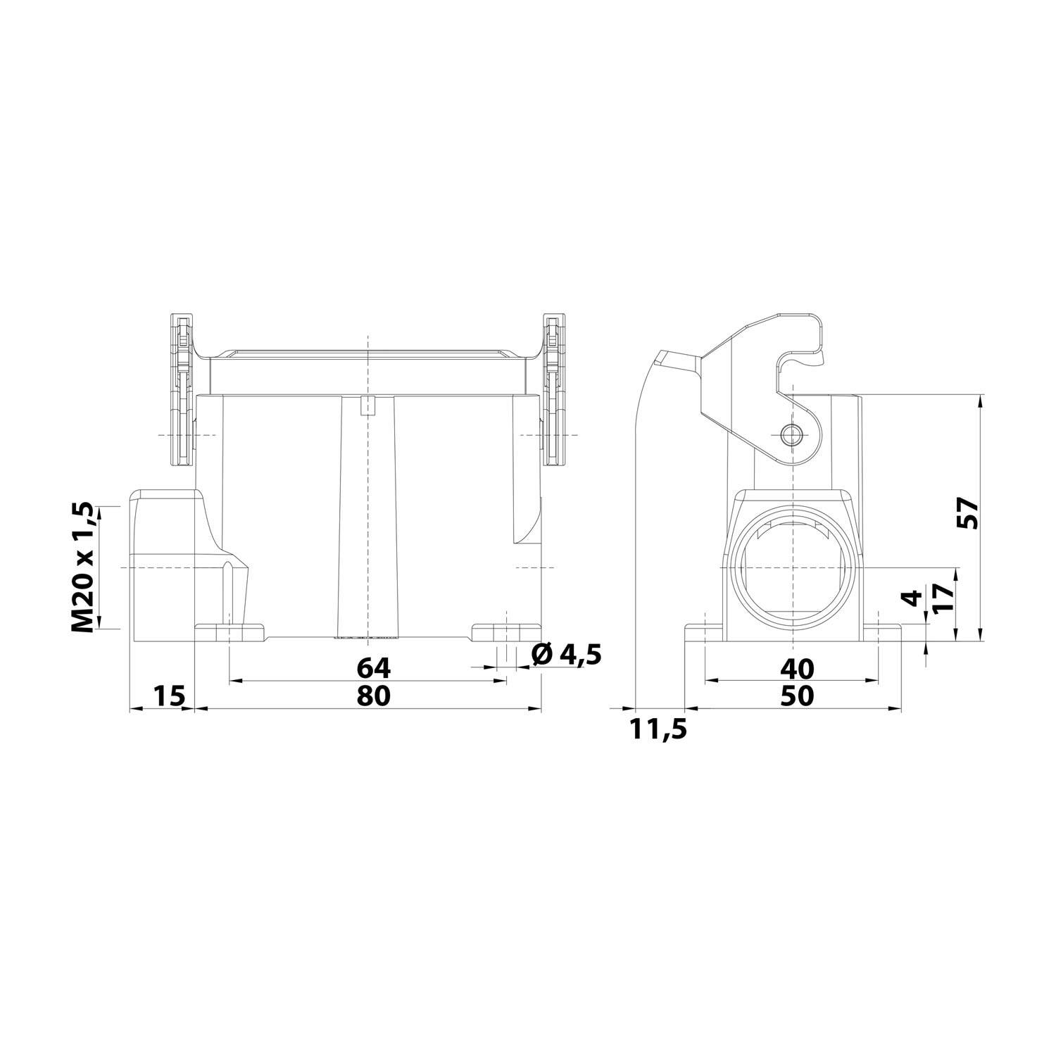 05200160261 HARTING Han 16A Sockelgehäuse hoch, 1xM20 seitlicher Kabelabgang, mit 1 Längsbügel Verschraubung M20