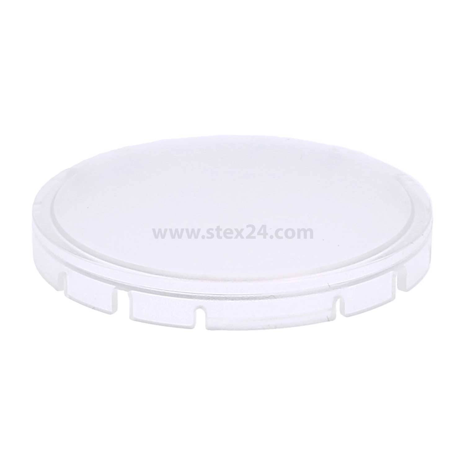 Eine weiße, runde Plastikkappe mit glatter Oberfläche und kleinen Einkerbungen am Rand, von oben betrachtet.