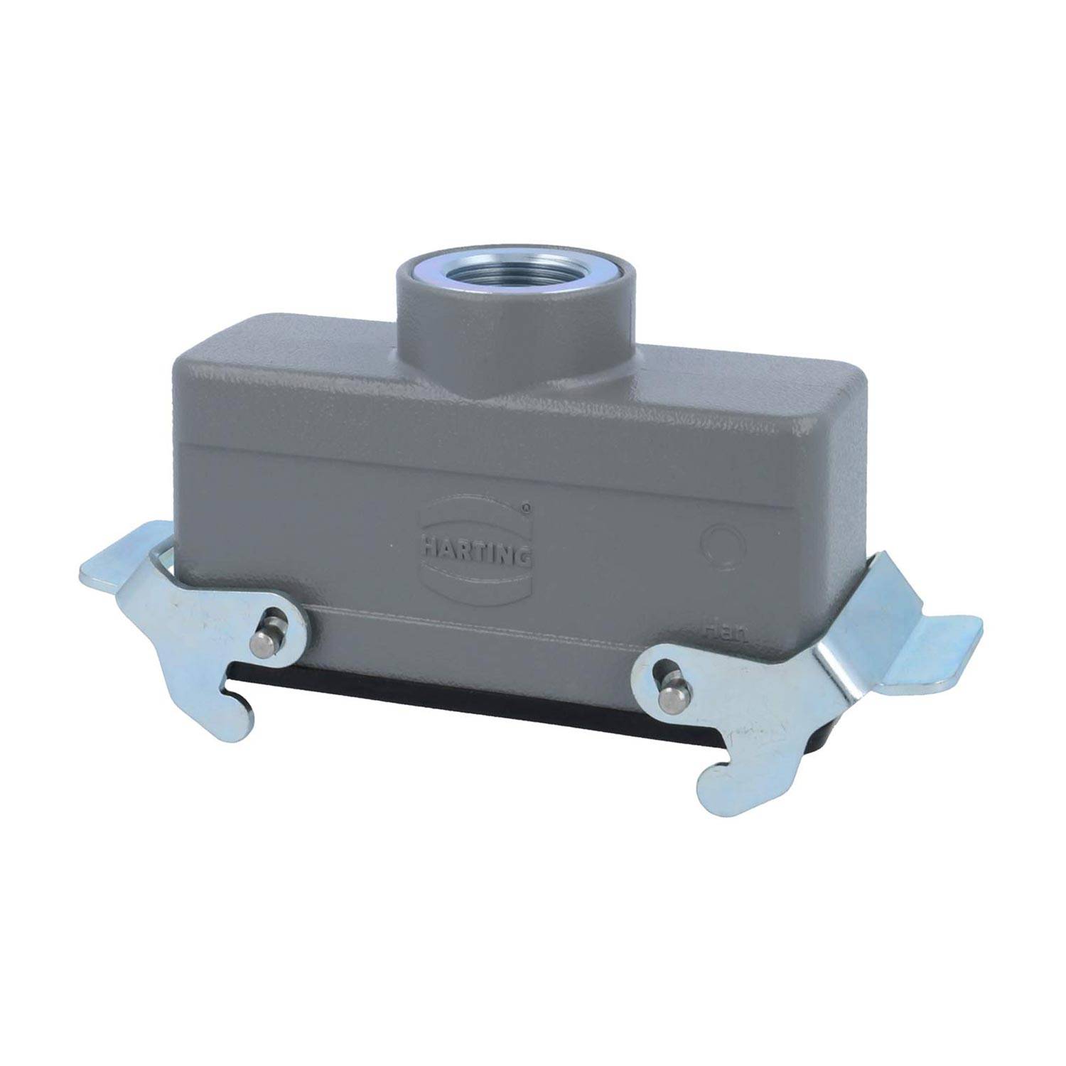 Ein graues elektrisches Anschlussgehäuse mit einem metallischen Hebelverriegelungsmechanismus an beiden Seiten für eine sichere Befestigung. Der Markenname ist in der Mitte eingeprägt.