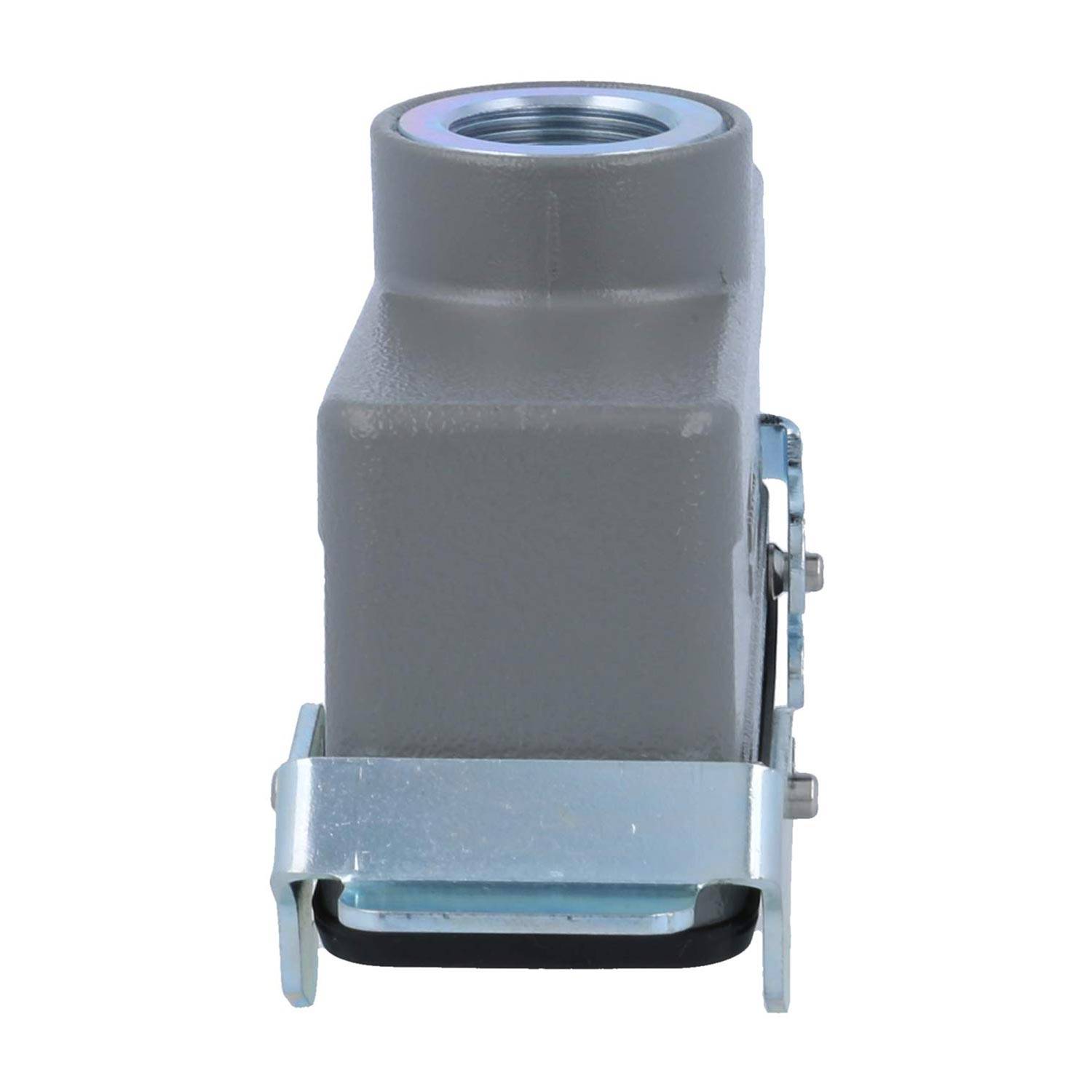 Ein grauer elektrischer Anschlussstecker mit einer metallischen Montageklammer, von vorne betrachtet, für industrielle Anwendungen.