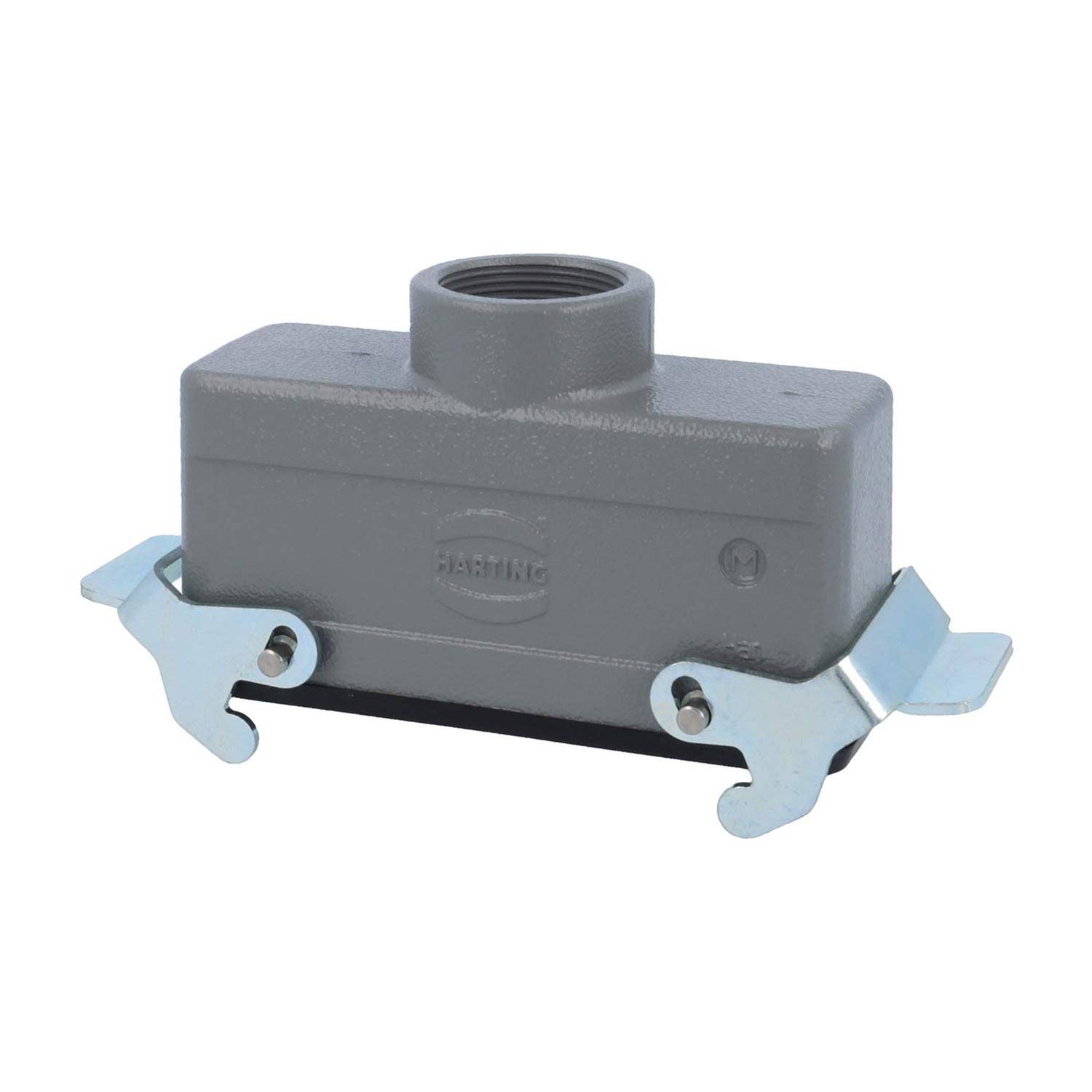 Eine rechteckige Metallstrom-Abzweigdose mit einer zentralen Gewinde-Öffnung und zwei Befestigungshalterungen an jeder Seite für eine sichere Installation.