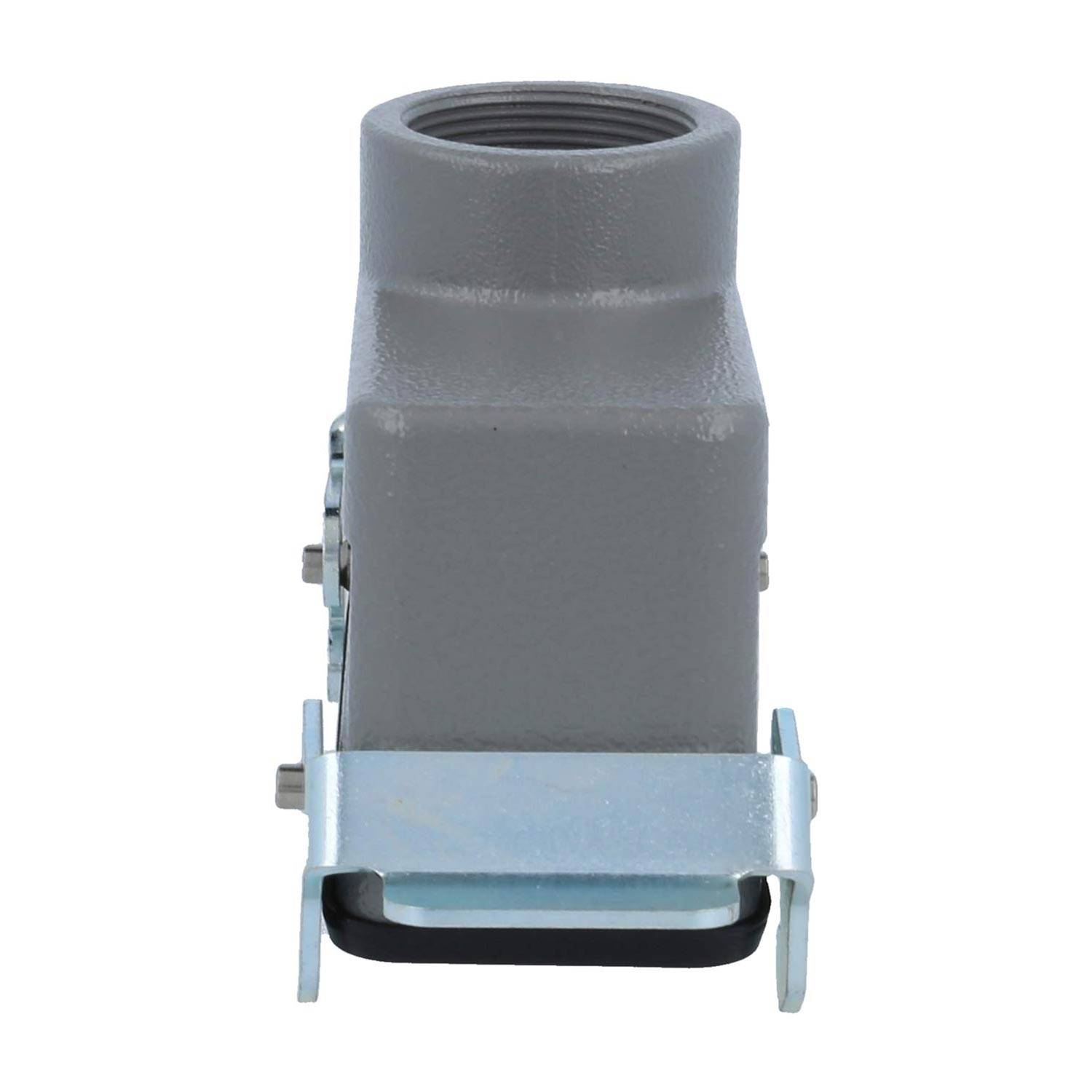 Ein grauer Industrieverbinder mit einem Metallverschluss und einer Gewindeöffnung, geeignet für elektrische oder mechanische Anwendungen.