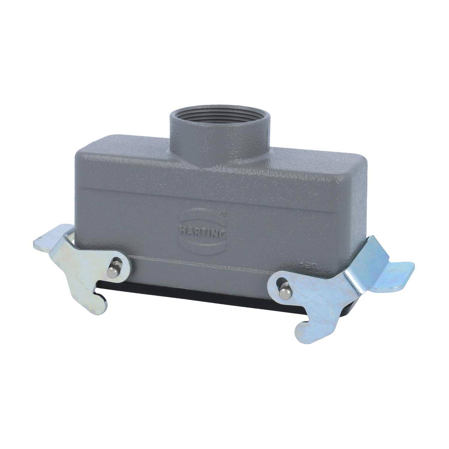 Ein metallisches rechteckiges Anschlussgehäuse mit zwei Verriegelungsclips an den Seiten und einer verschraubbaren Öffnung oben, gekennzeichnet mit 'Harting'.