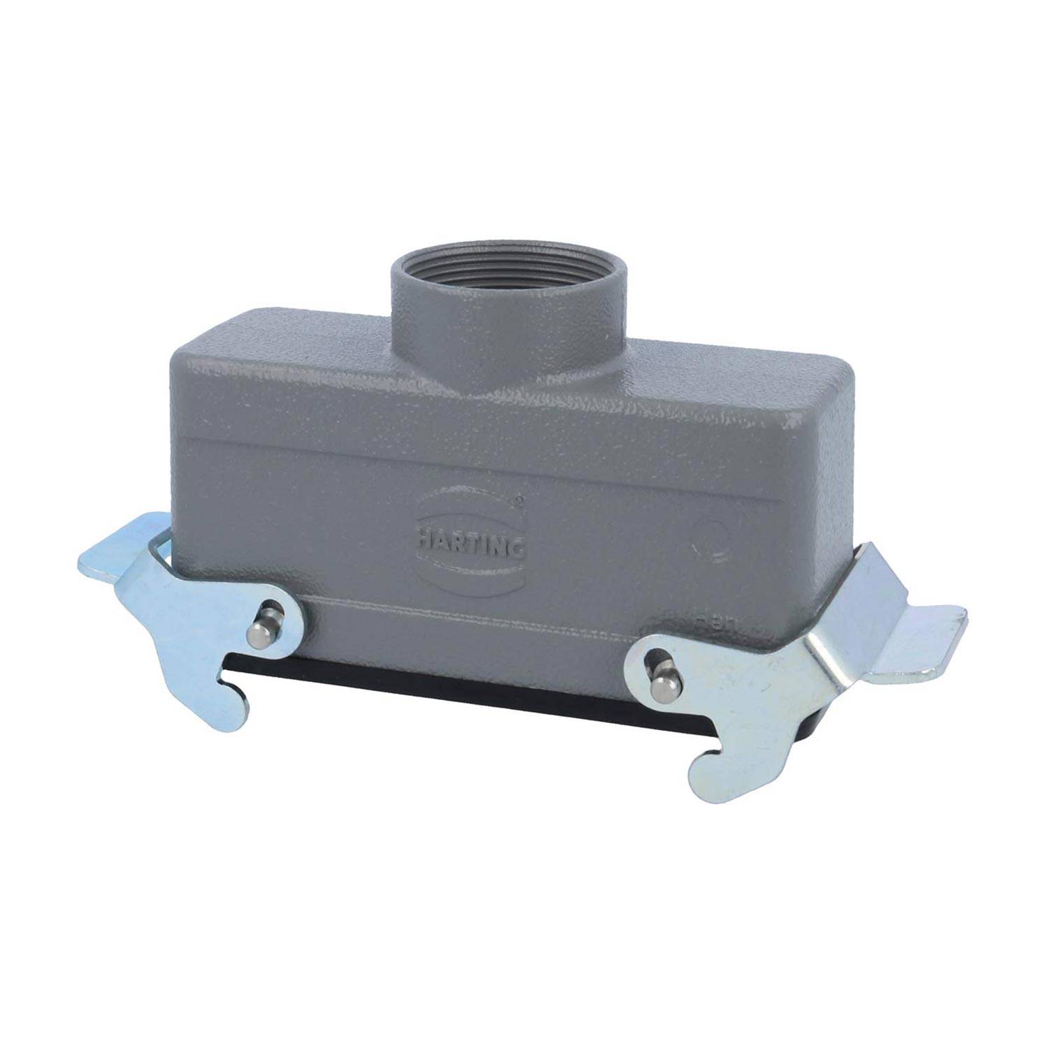 Ein grauer, rechteckiger industrieller Anschlussgehäuse mit zwei Metallverriegelungen an den Seiten, mit der Aufschrift 