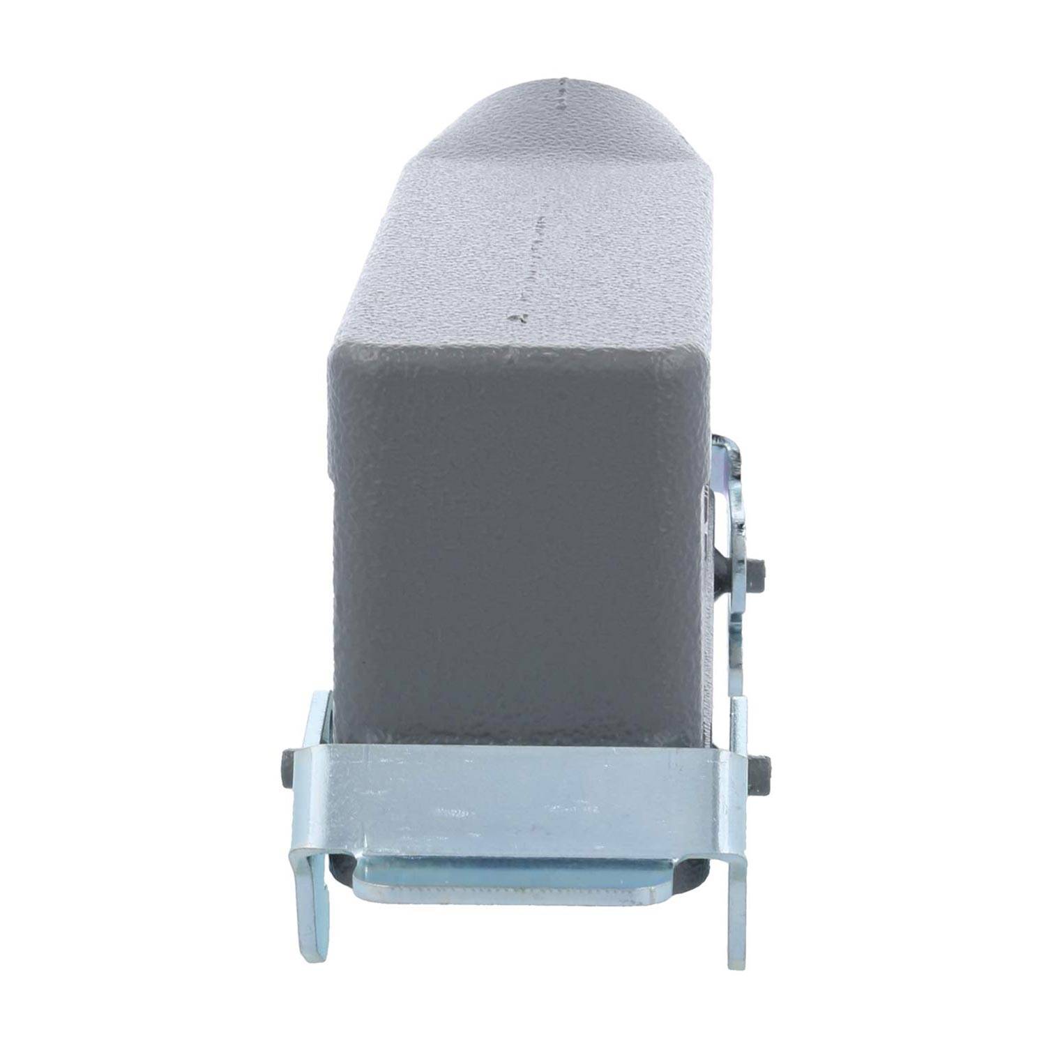 Ein großer grauer industrieller Stoßdämpfer mit einer Metallbefestigungshalterung, von vorne vor einem einfarbigen weißen Hintergrund gezeigt.