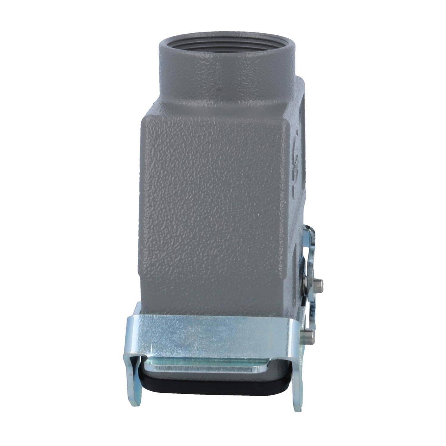 Ein rechteckiges graues elektrisches Anschlussgehäuse mit einem metallischen Verschließmechanismus an der Basis, ausgelegt für industrielle Anwendungen.