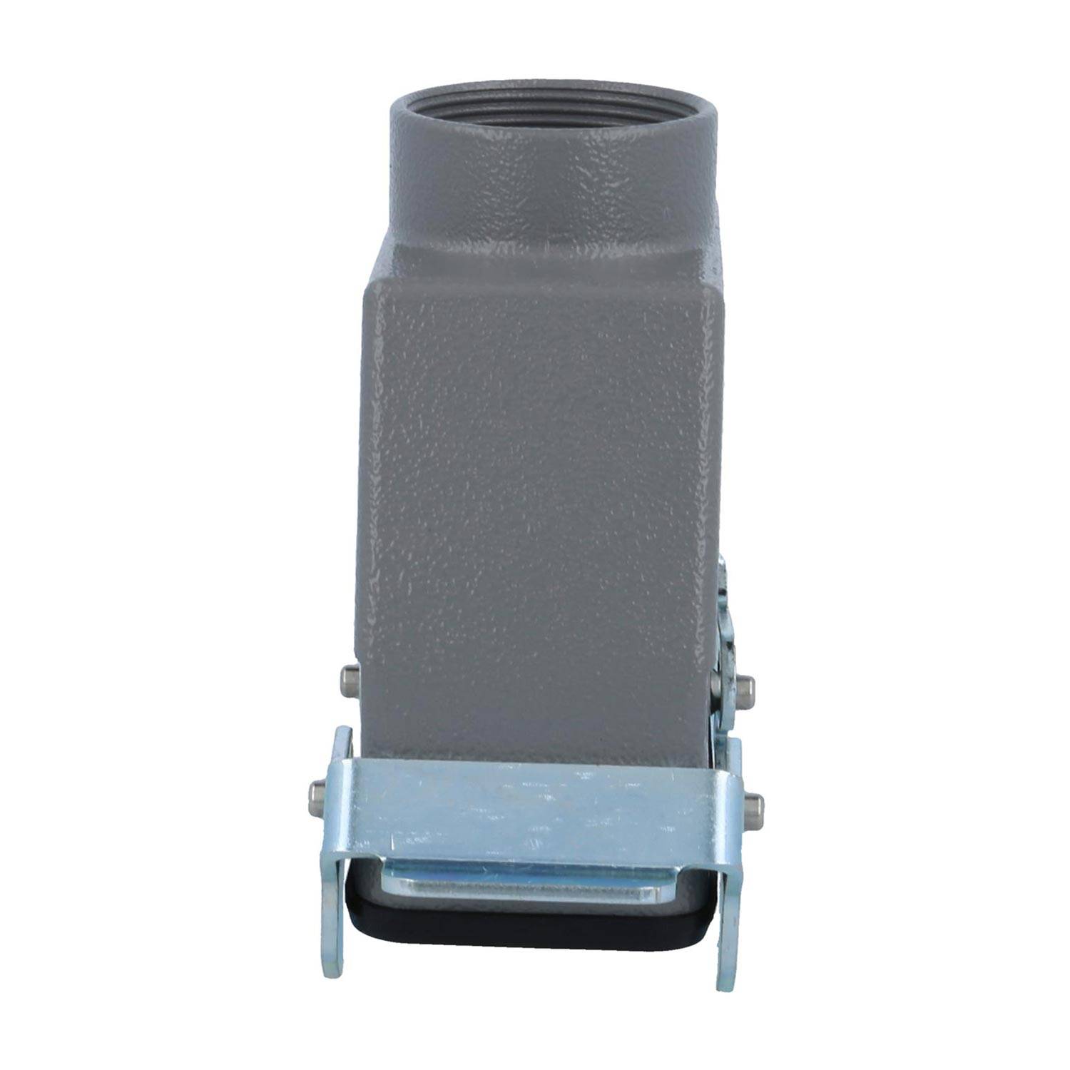 Graues rechteckiges industrielles Anschlussgehäuse mit einer Metallfalle am Boden, entwickelt für eine sichere Befestigung in elektrischen Systemen.